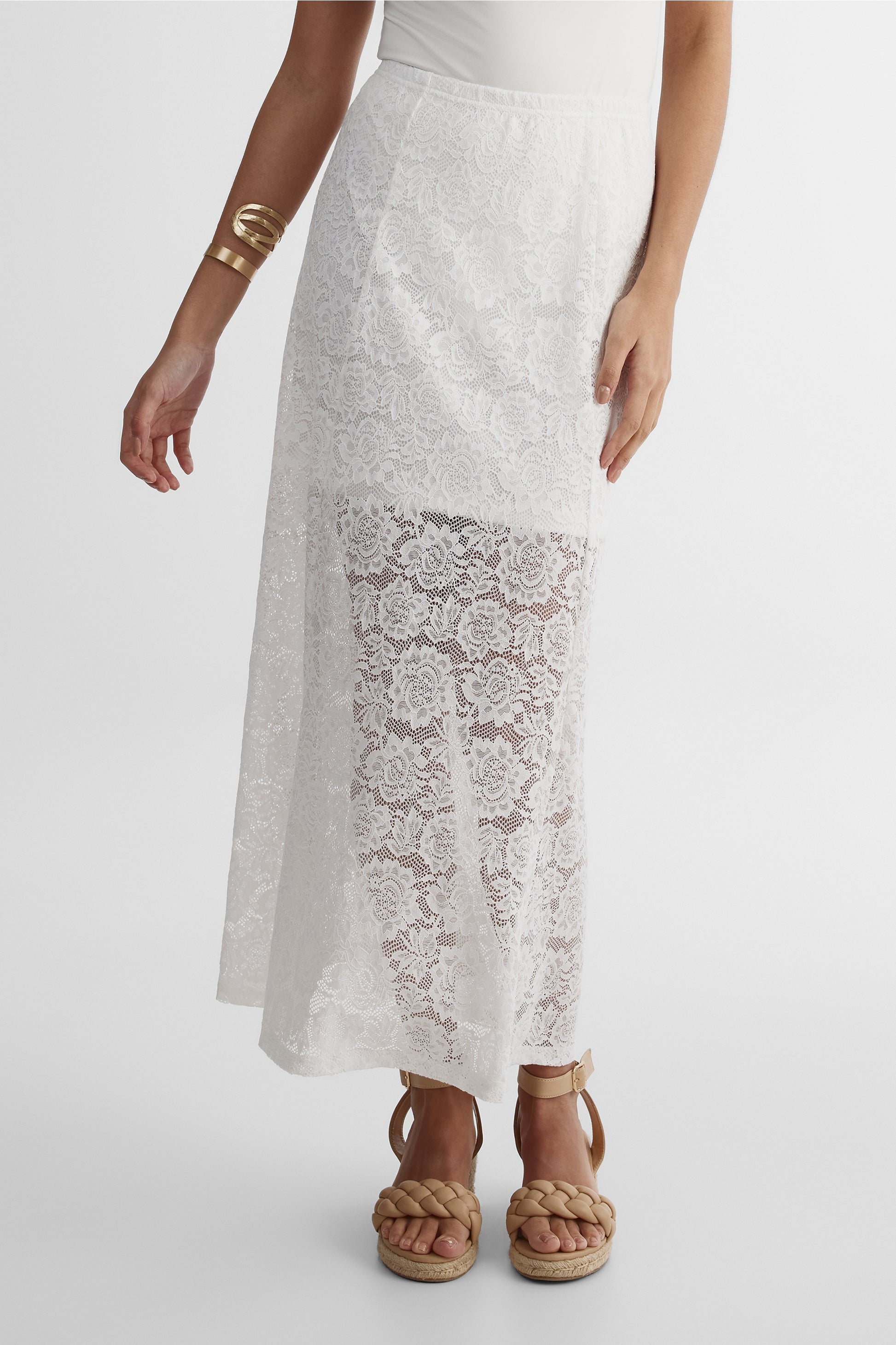 Jupe maxi taille élastique en polyamide - Femme && BLANC