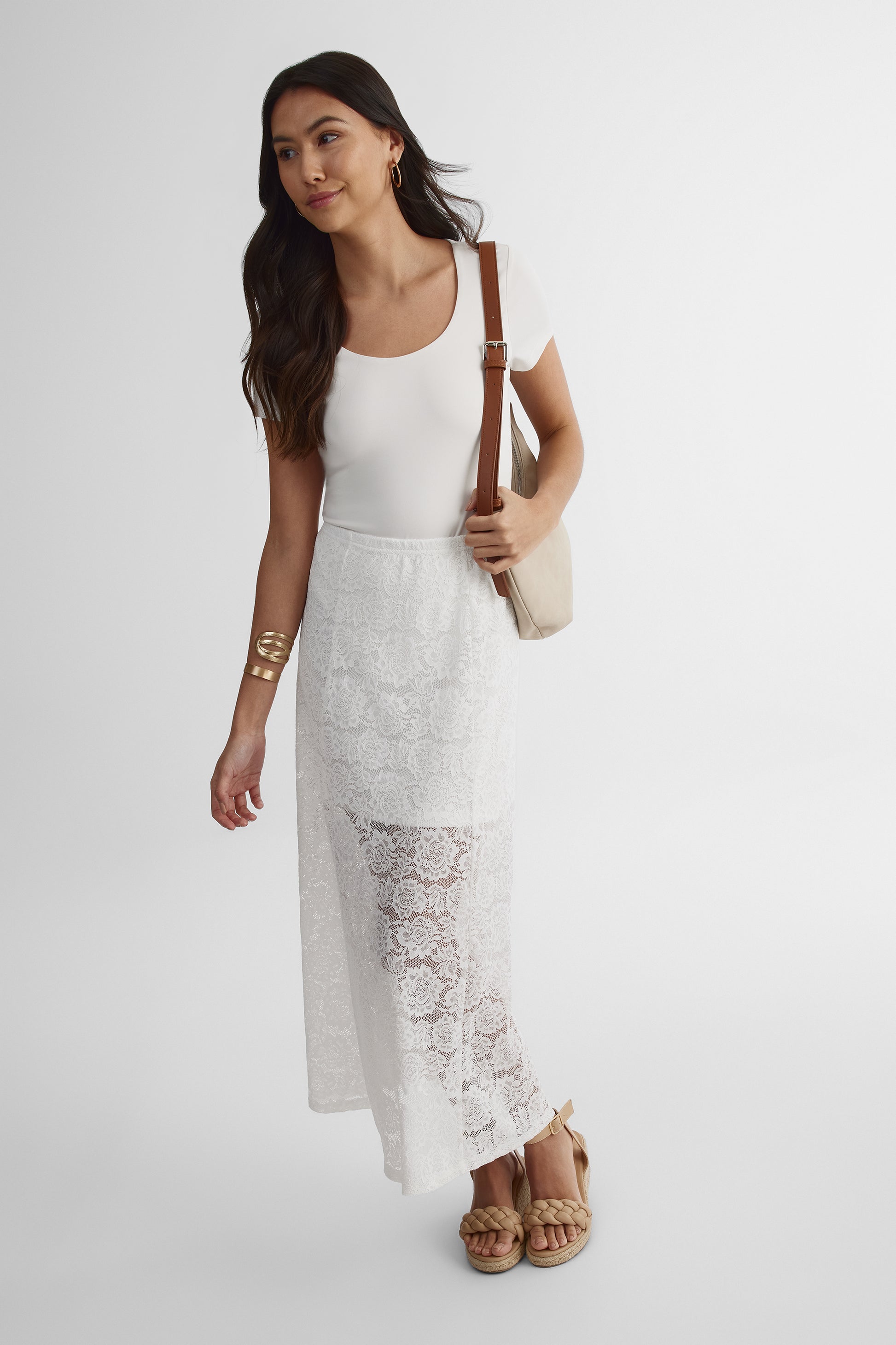 Jupe maxi taille élastique en polyamide - Femme && BLANC