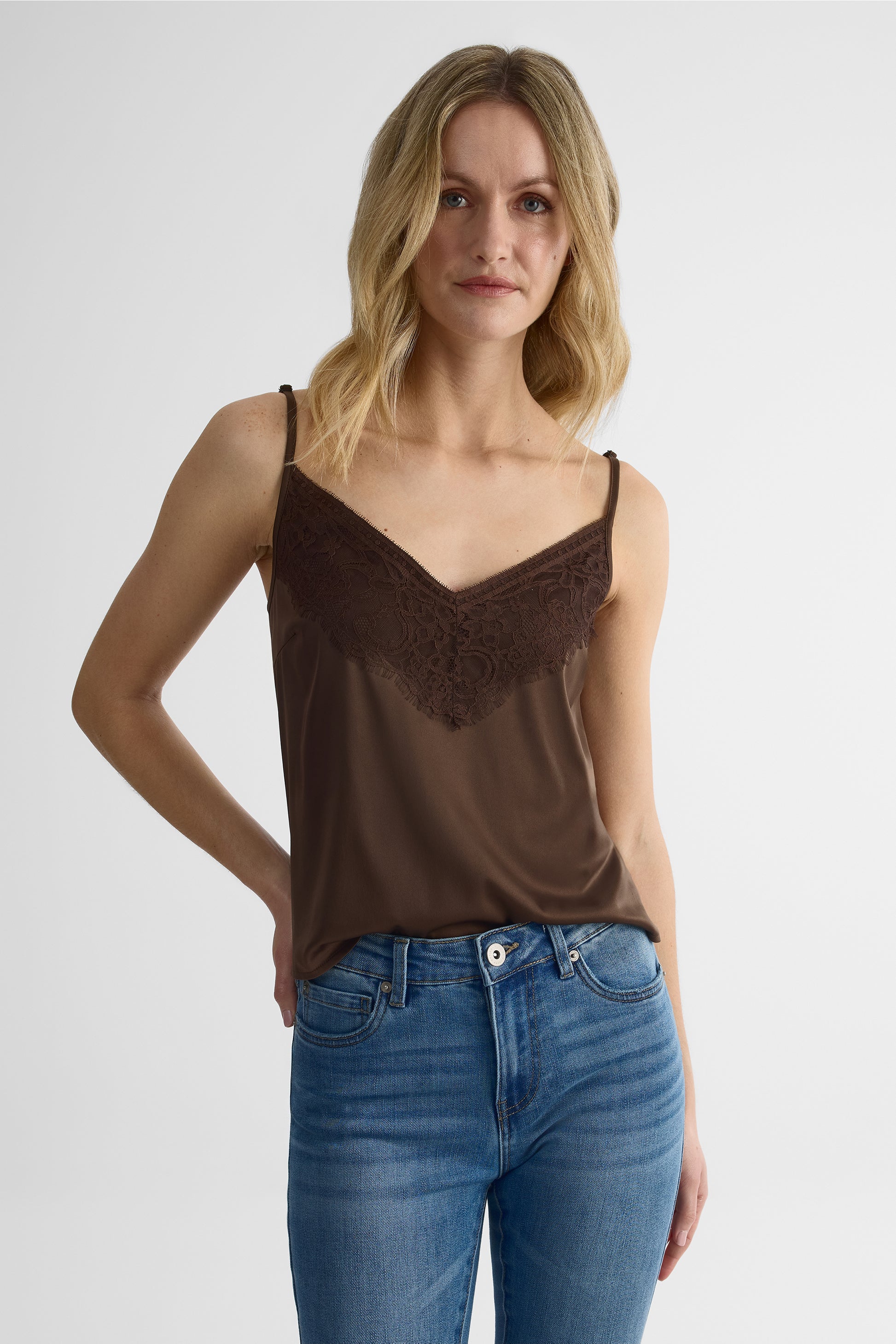 Camisole satin uni avec dentelle - Femme && BRUN/MULTI