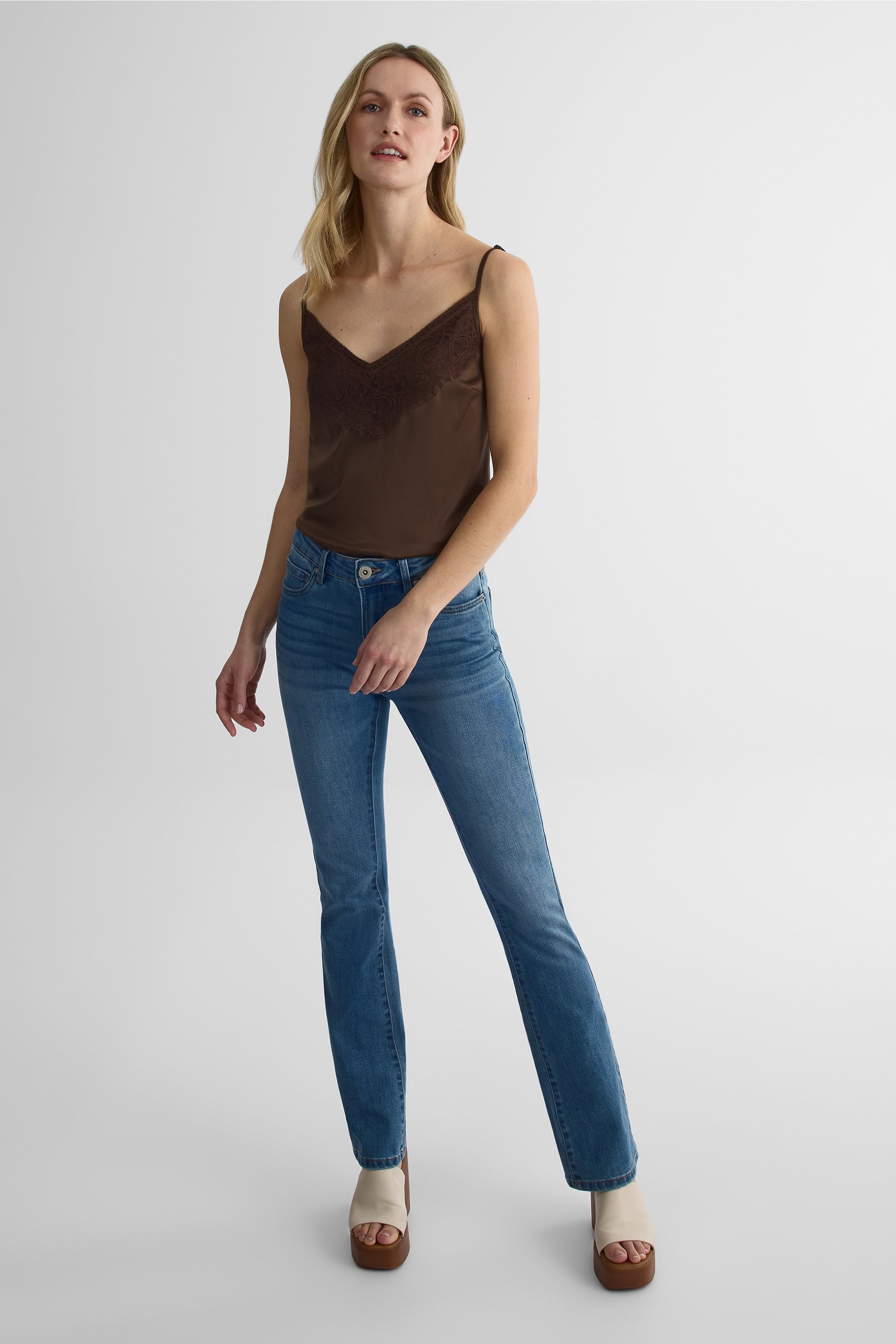 Camisole satin uni avec dentelle - Femme && BRUN/MULTI