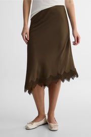 Jupe midi satin à détail en dentelle – Femme && BRUN/MULTI