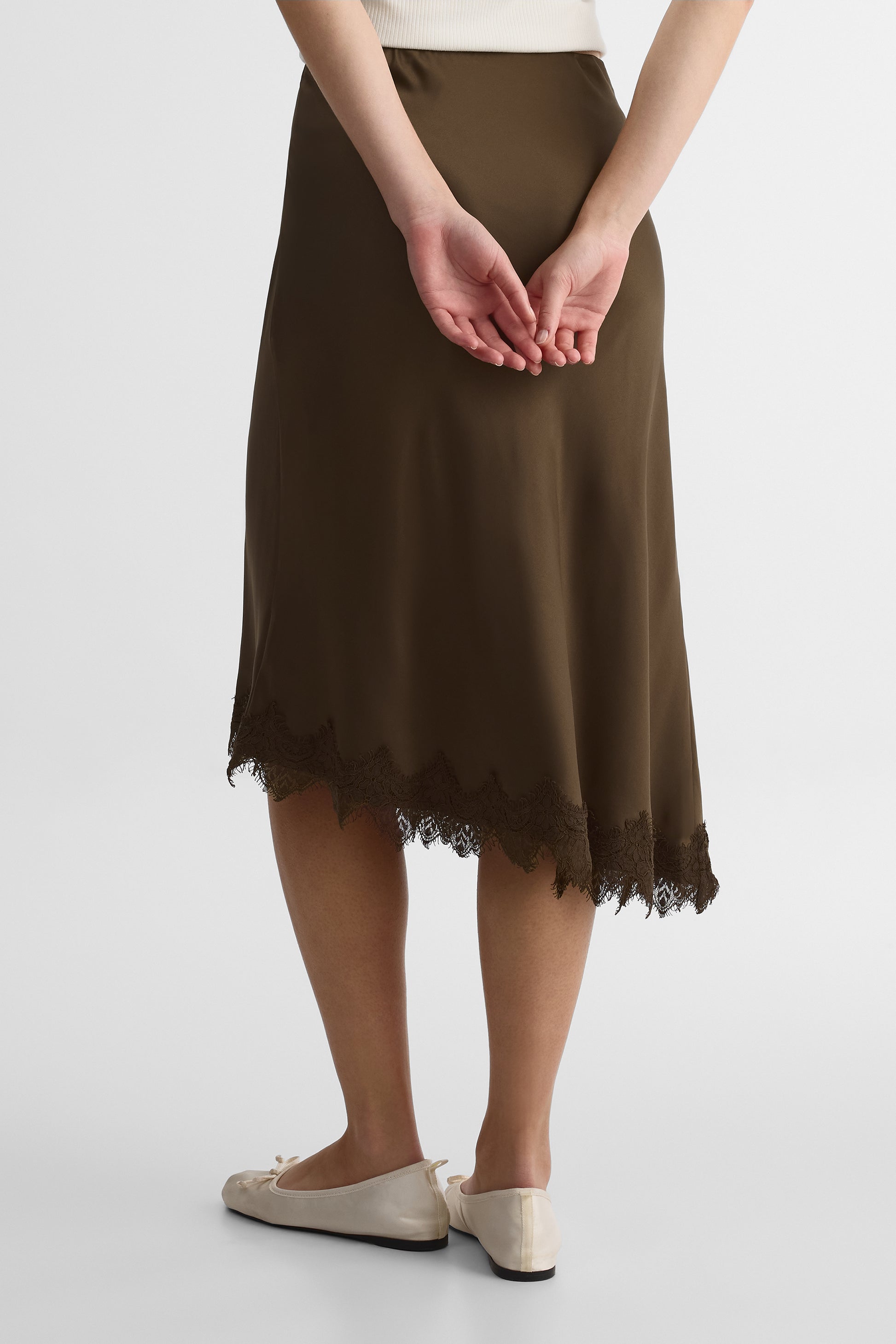 Jupe midi satin à détail en dentelle – Femme && BRUN/MULTI