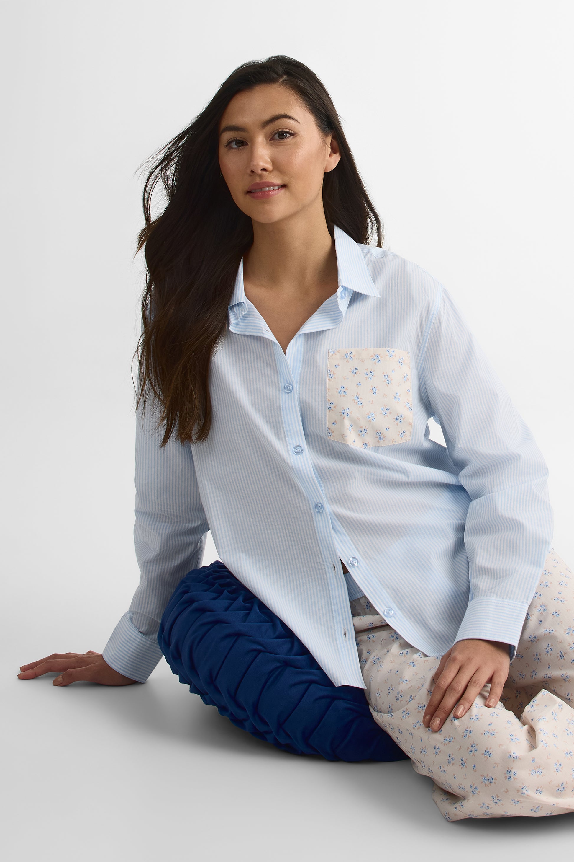 Chemise de nuit en popeline - Femme && BLEU MULTI