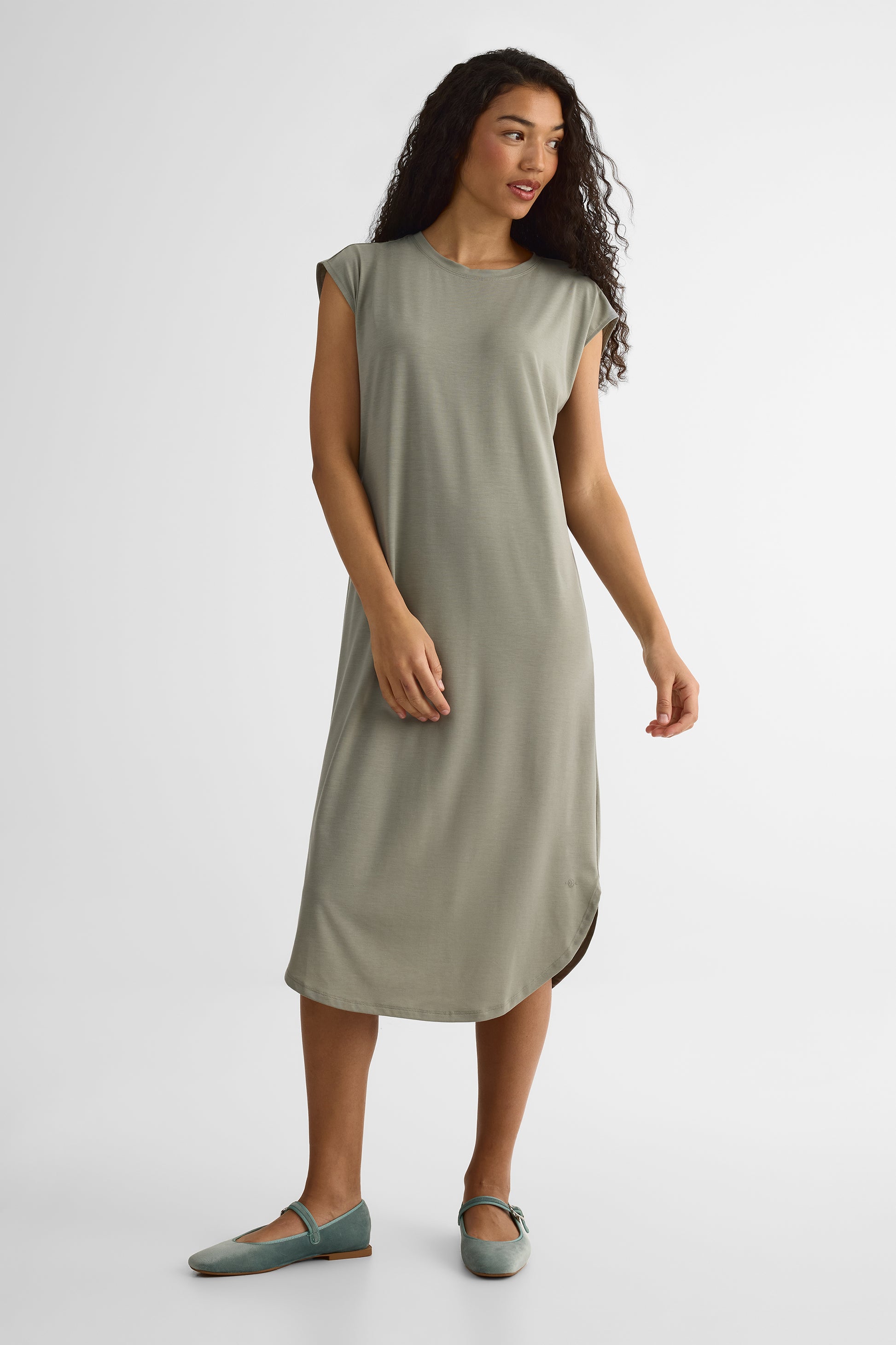Robe midi col rond - Femme && VERT