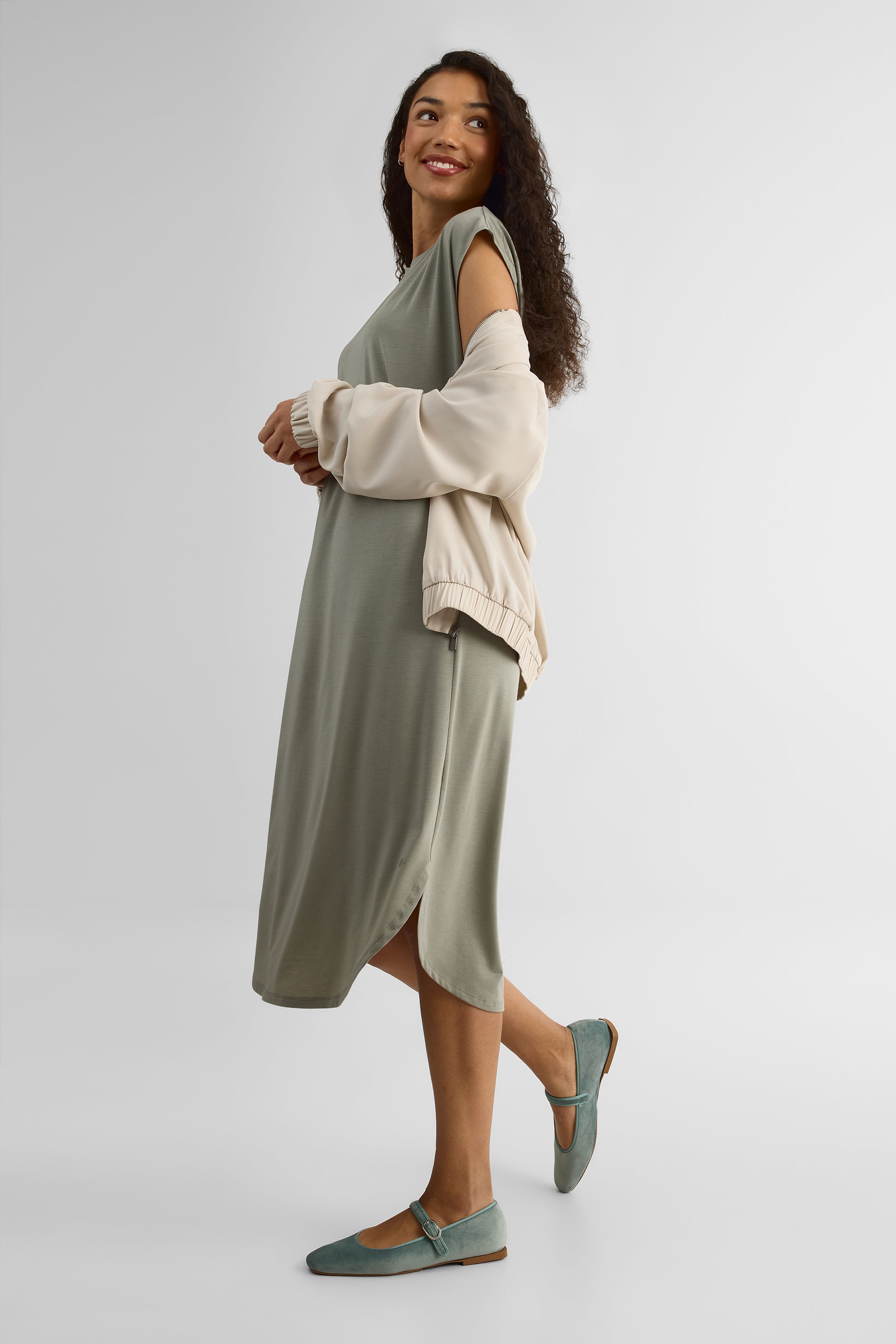 Robe midi col rond - Femme && VERT