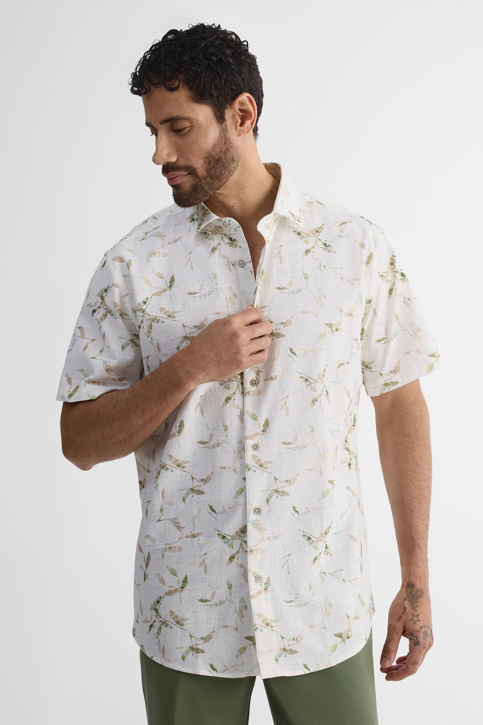 Chemise à manches courtes en lin - Homme && BLANC MULTI