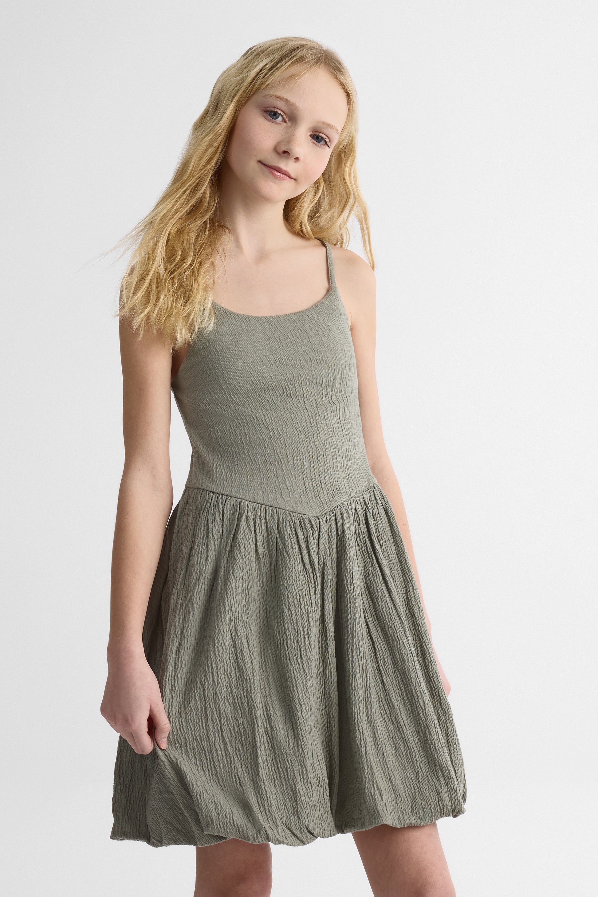 Robe ballon unie à fines bretelles - Ado fille && KAKI