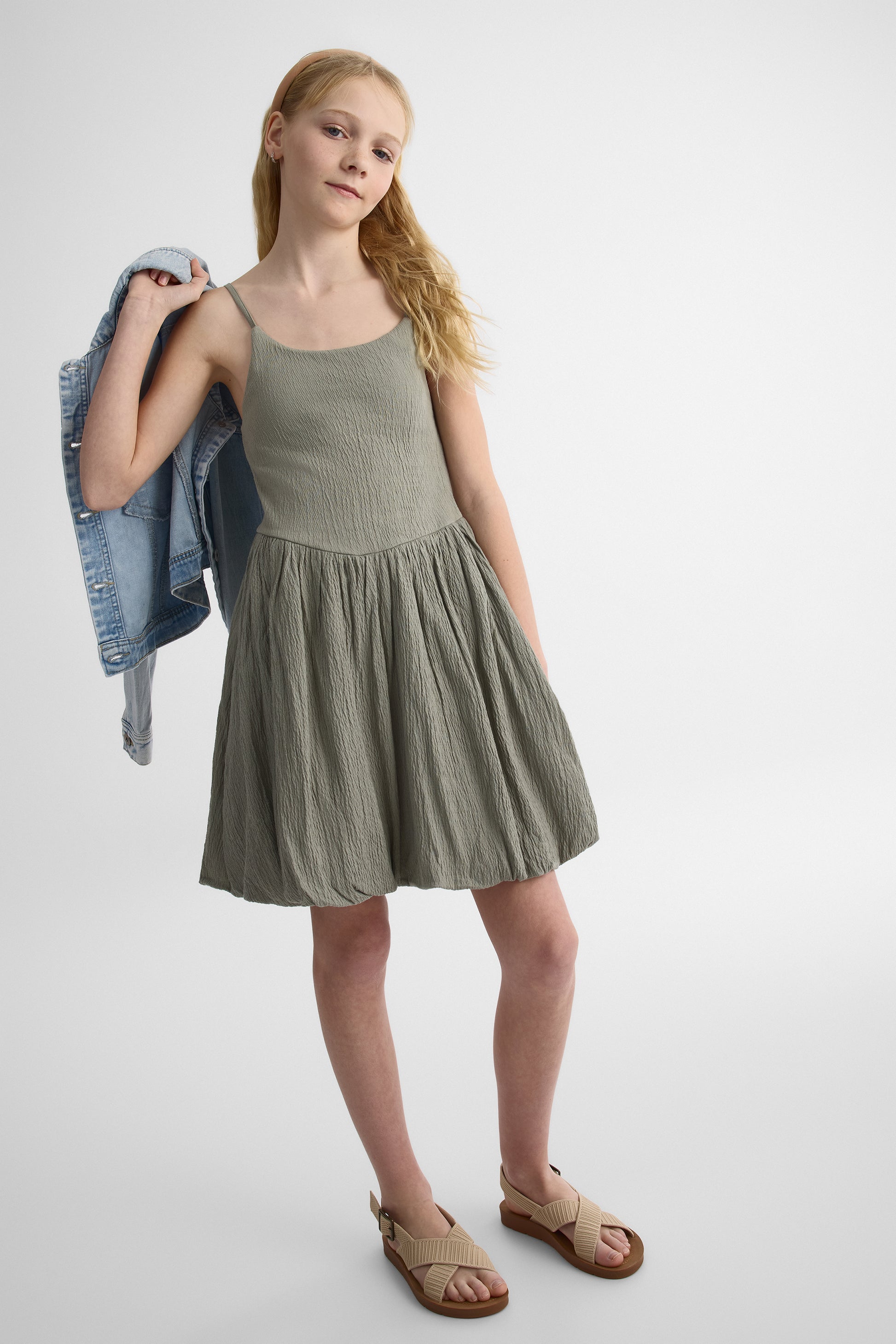 Robe ballon unie à fines bretelles - Ado fille && KAKI