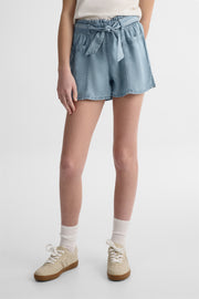 Short taille paper bag en lyocell - Ado fille && DENIM PALE