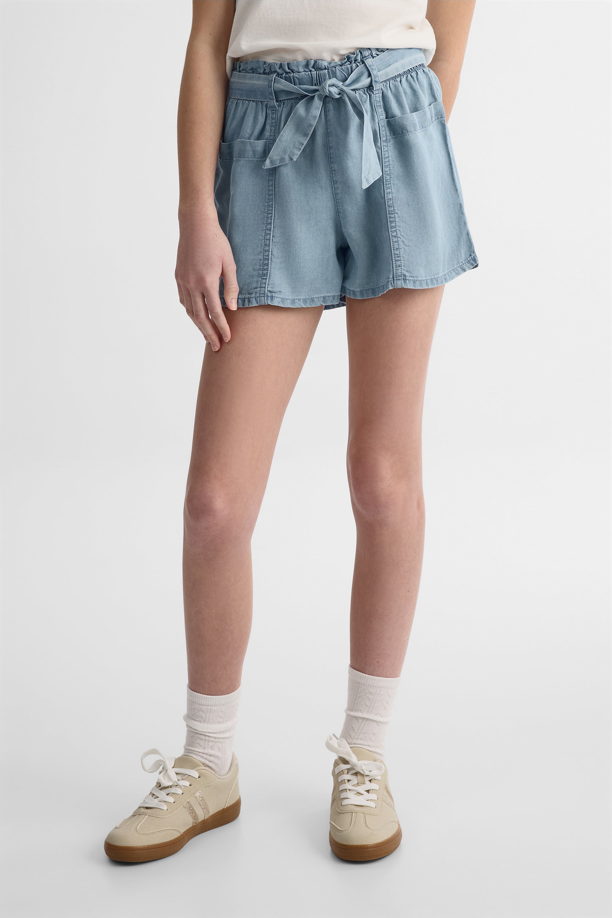 Short taille paper bag en lyocell - Ado fille && DENIM PALE