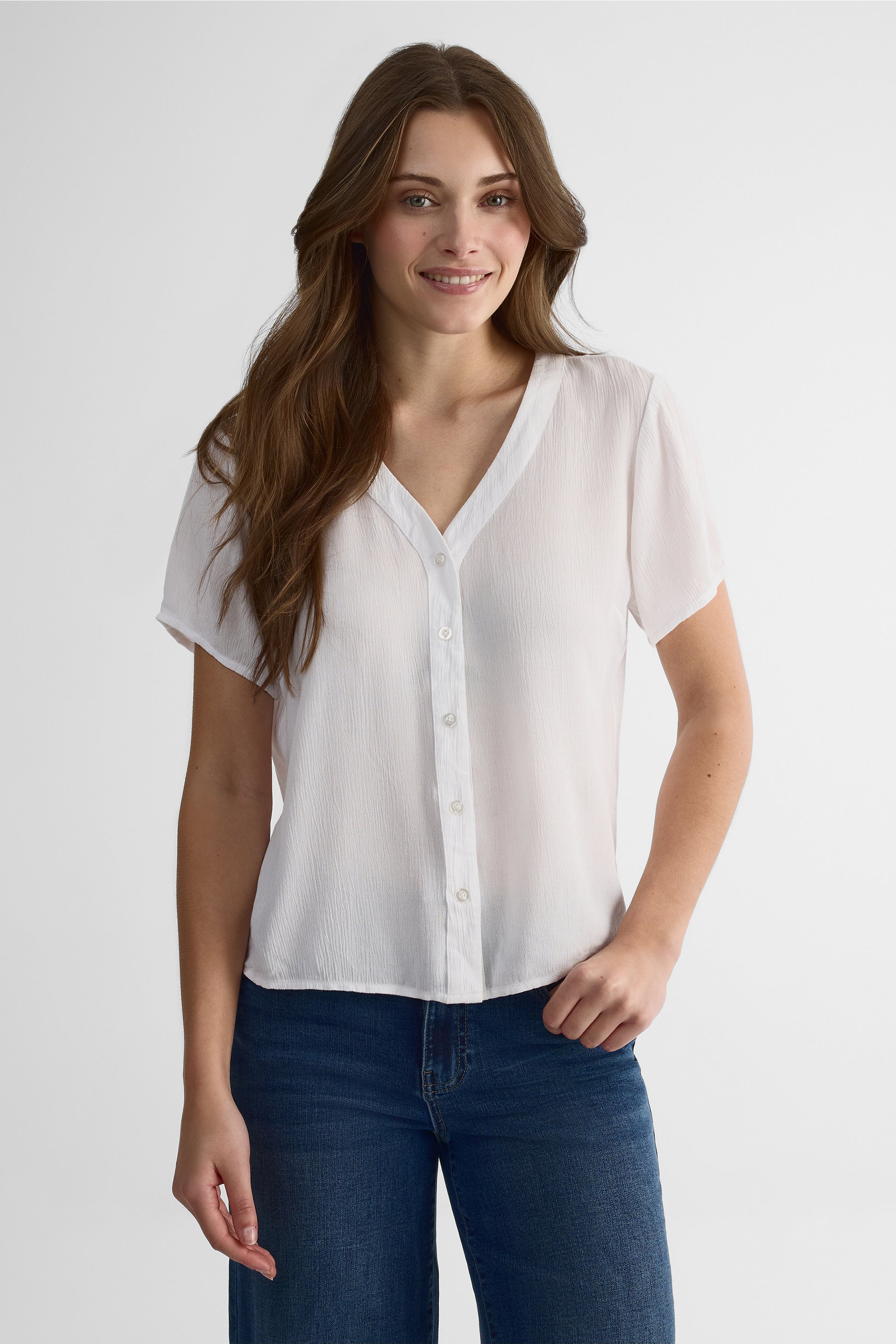 Blouse à manches courtes col V - Femme && BLANC