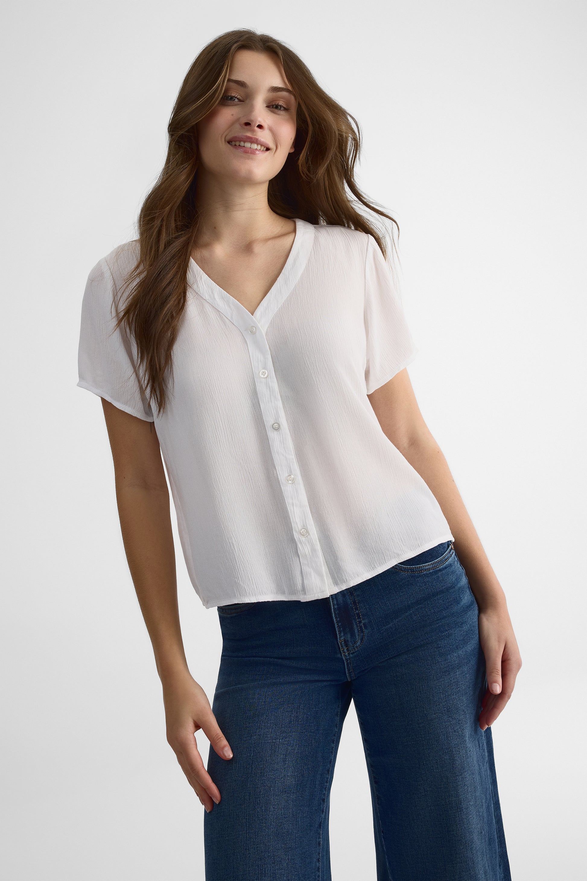 Blouse à manches courtes col V - Femme && BLANC