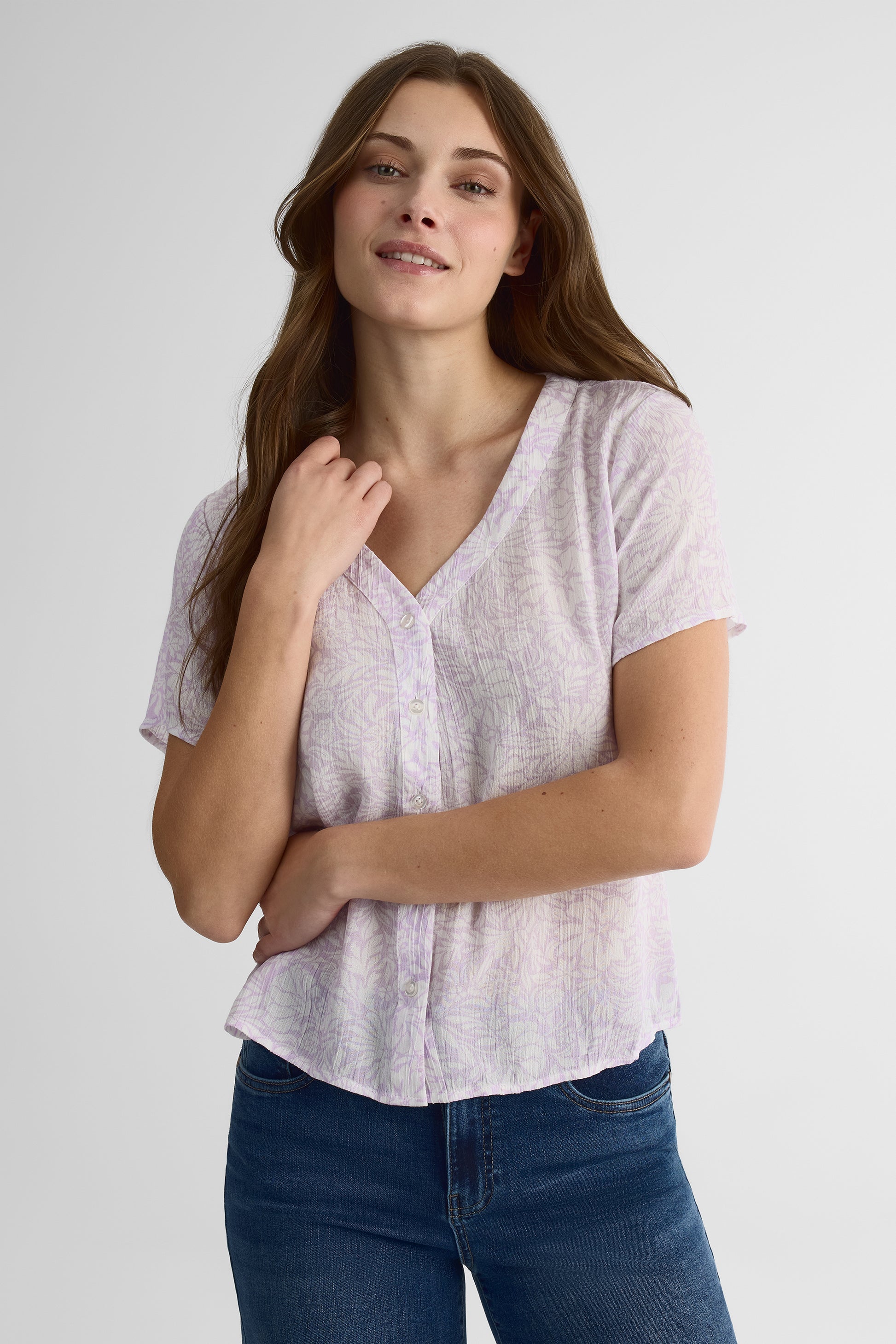 Blouse à manches courtes col V - Femme && LILAS MULTI