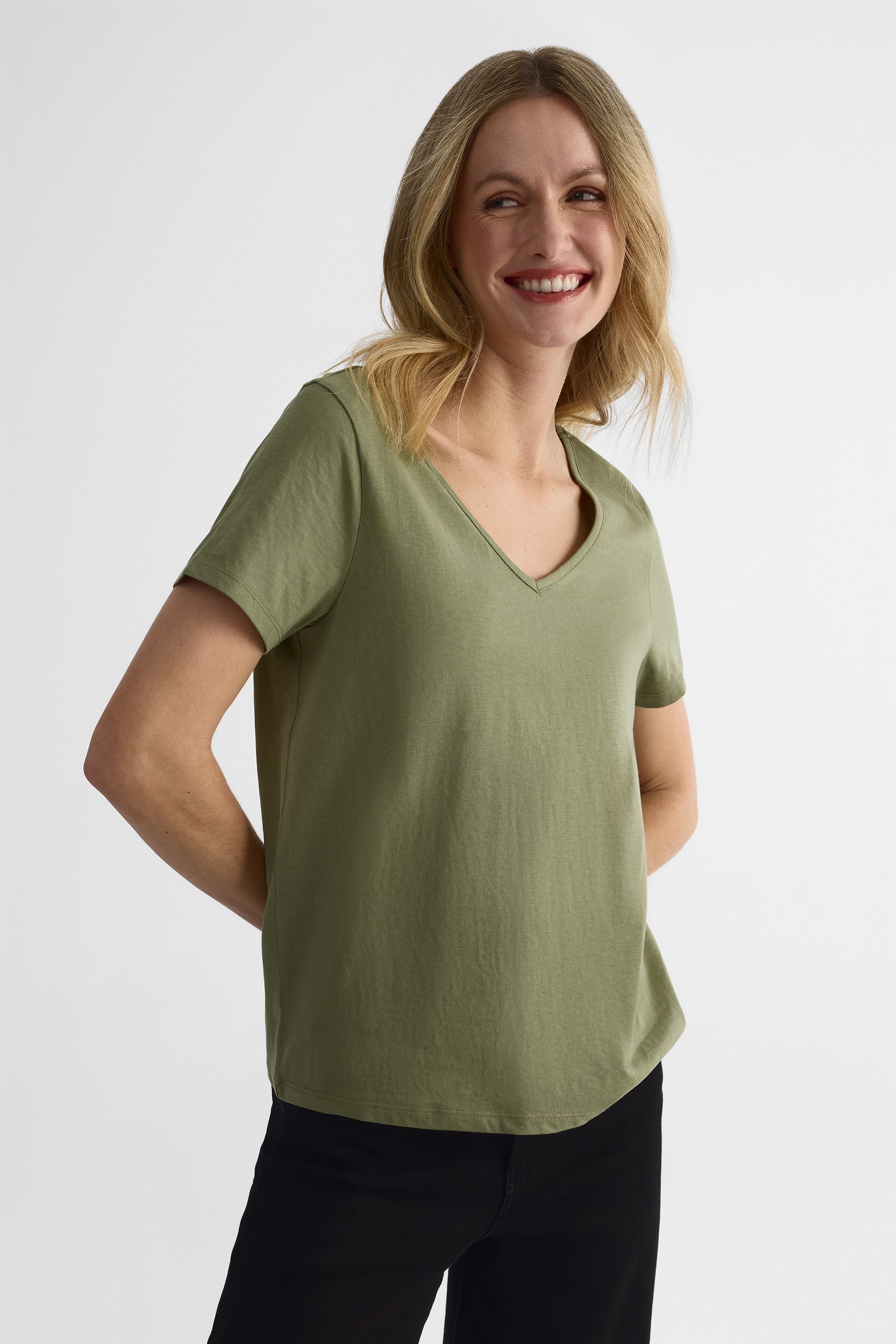 T-shirt col V léger - Femme && VERT