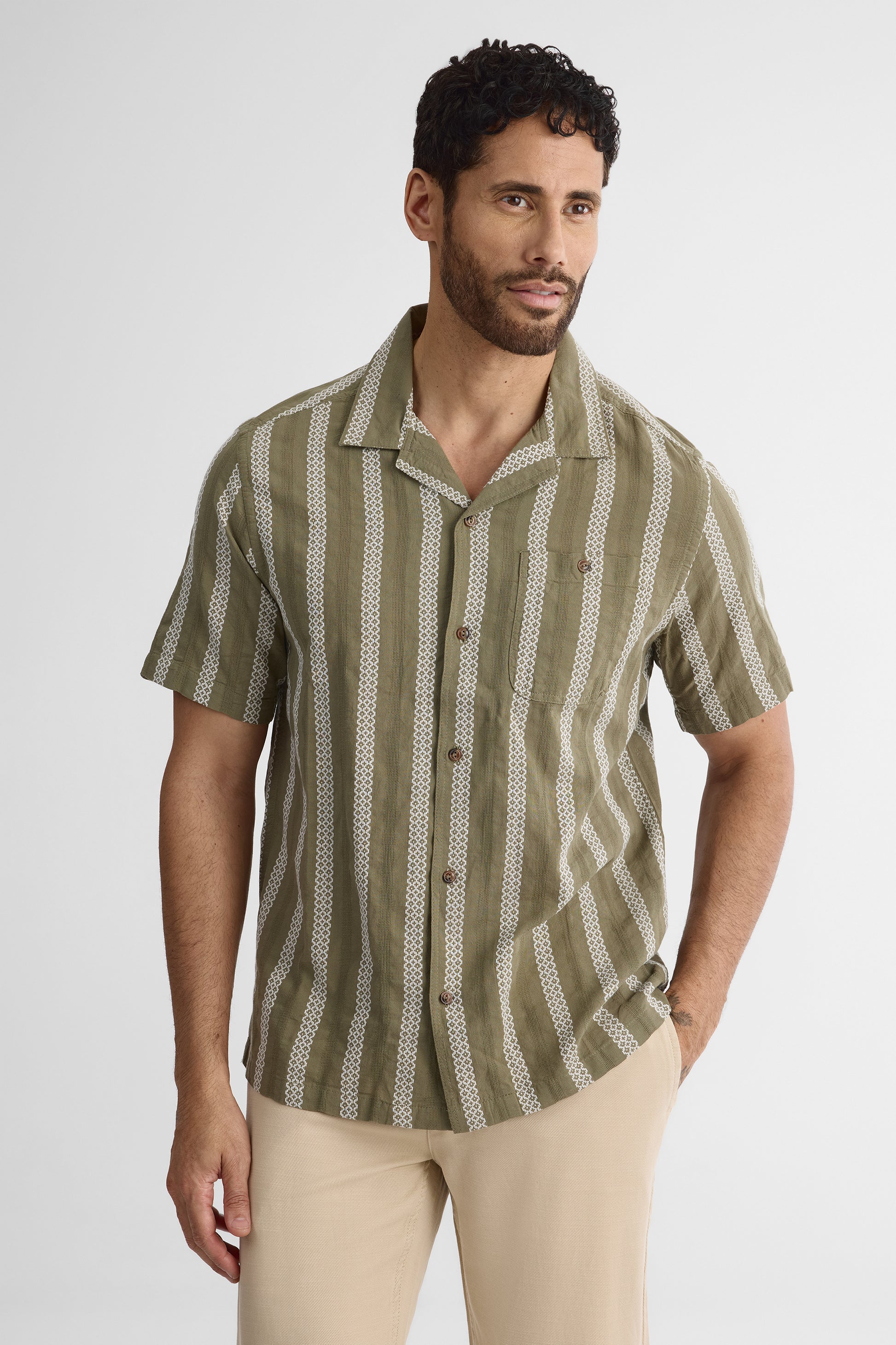 Chemise à manches courtes rayée - Homme && KAKI