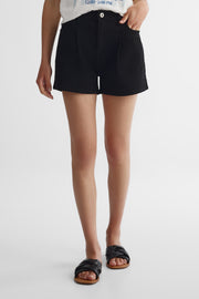 Short denim taille haute à plis - Femme && DENIM NOIR