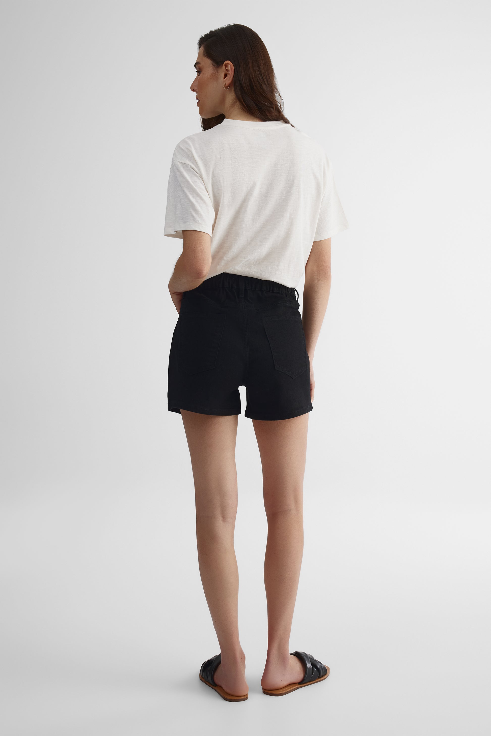 Short denim taille haute à plis - Femme && DENIM NOIR