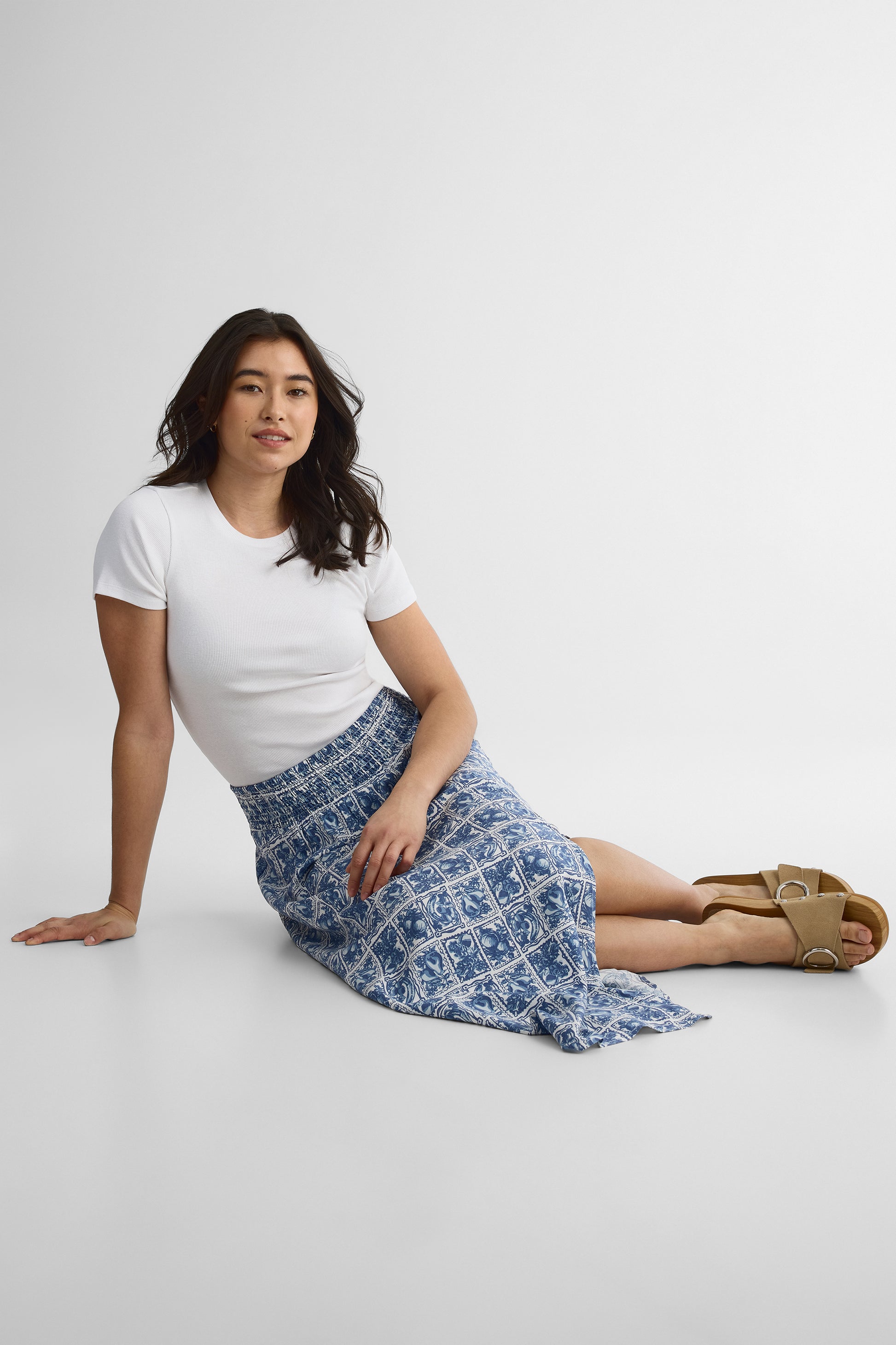 Jupe Maki taille smockée - Femme && BLEU MULTI