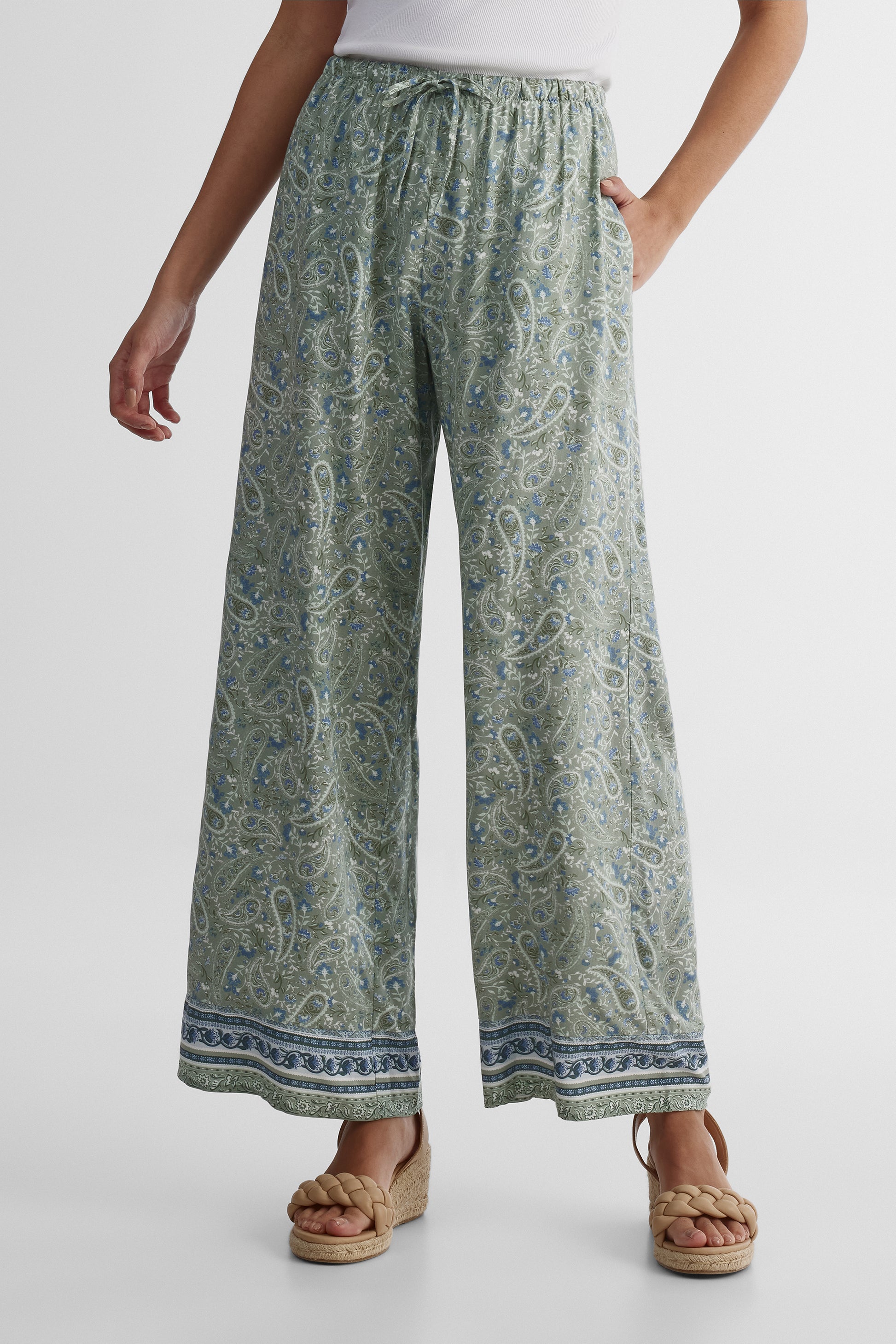 Pantalon pull-on élastique à cordon - Femme && VERT/MULTI