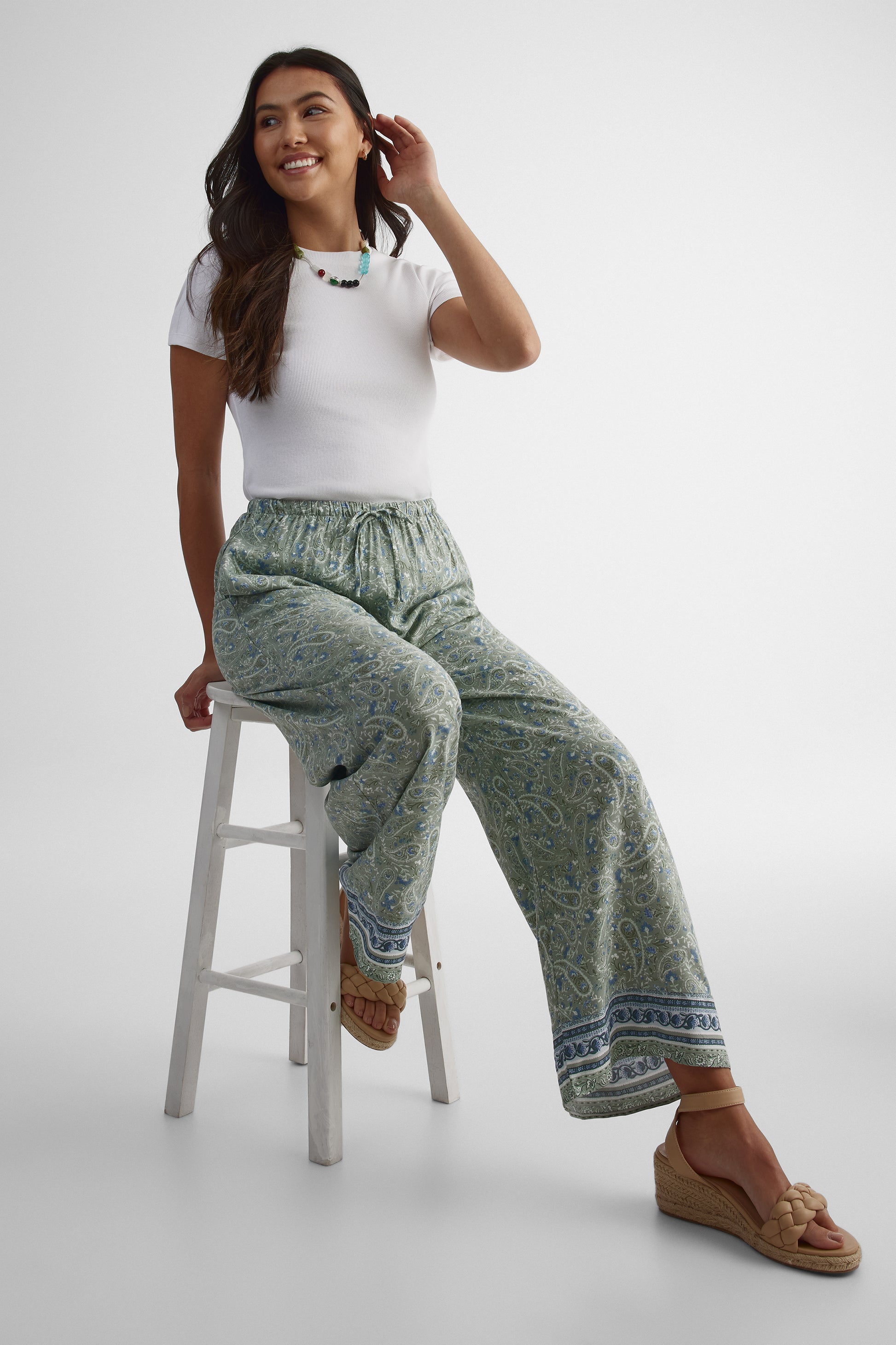 Pantalon pull-on élastique à cordon - Femme && VERT/MULTI