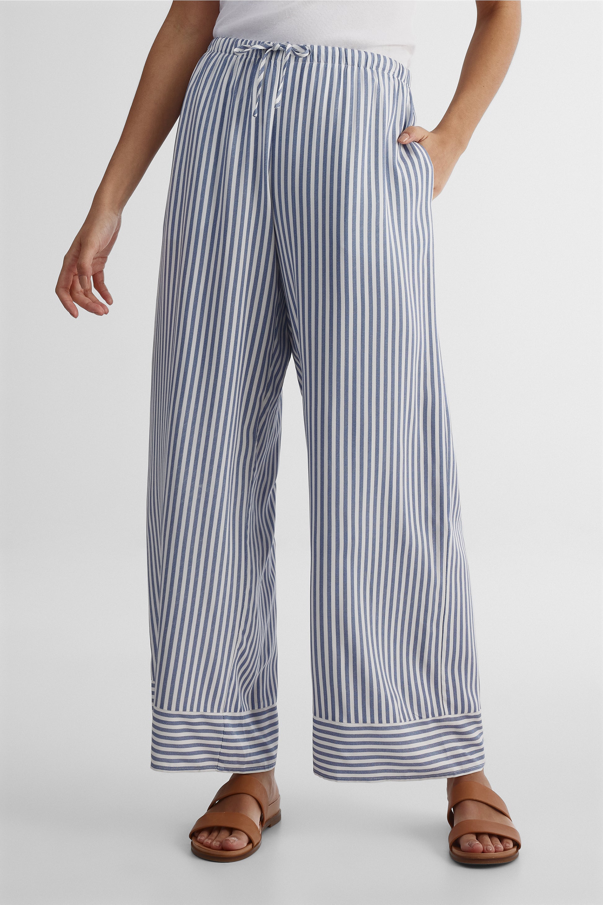 Pantalon pull-on élastique à cordon - Femme && RAYURE