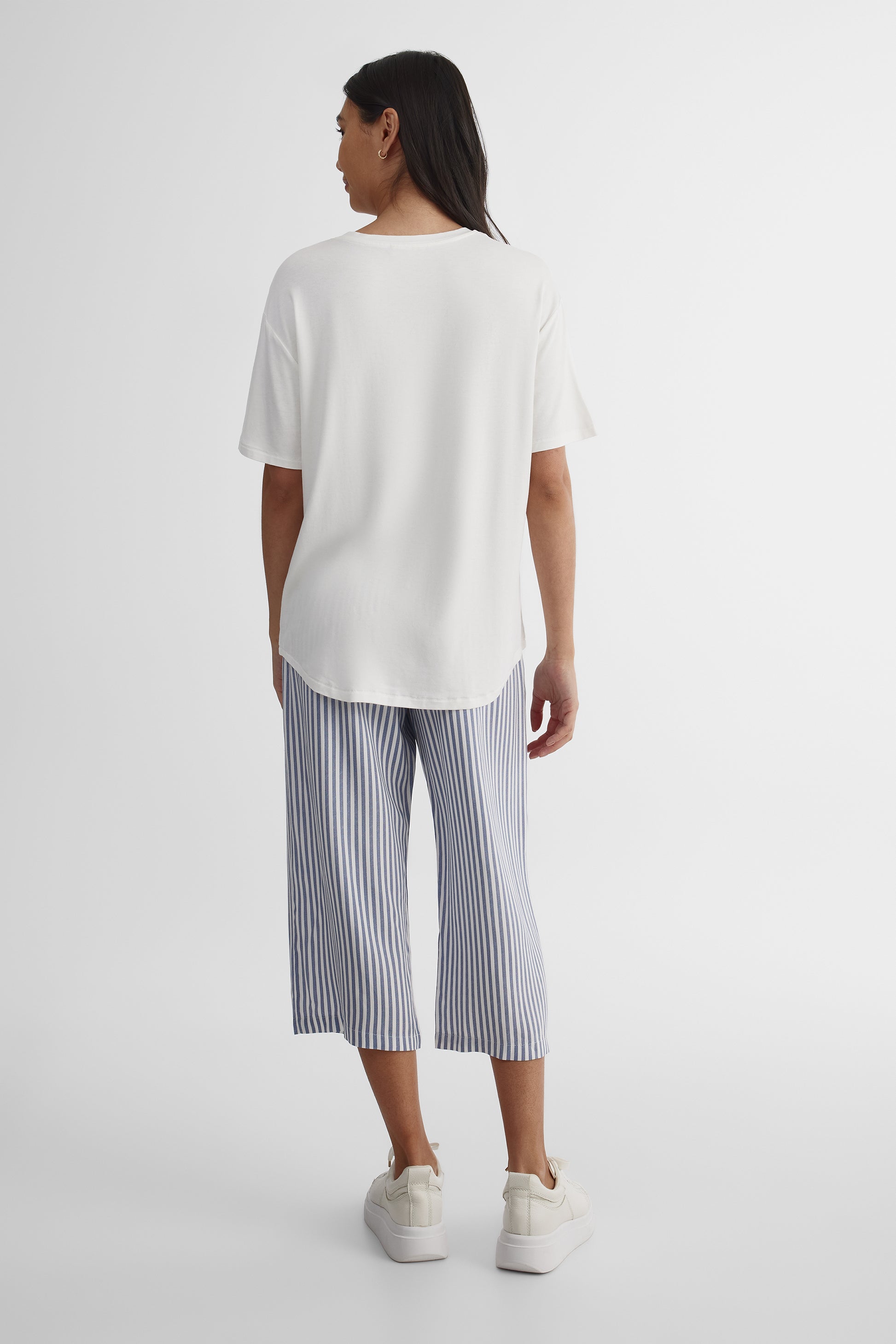 Pantalon capri élastique à cordon - Femme && RAYURE