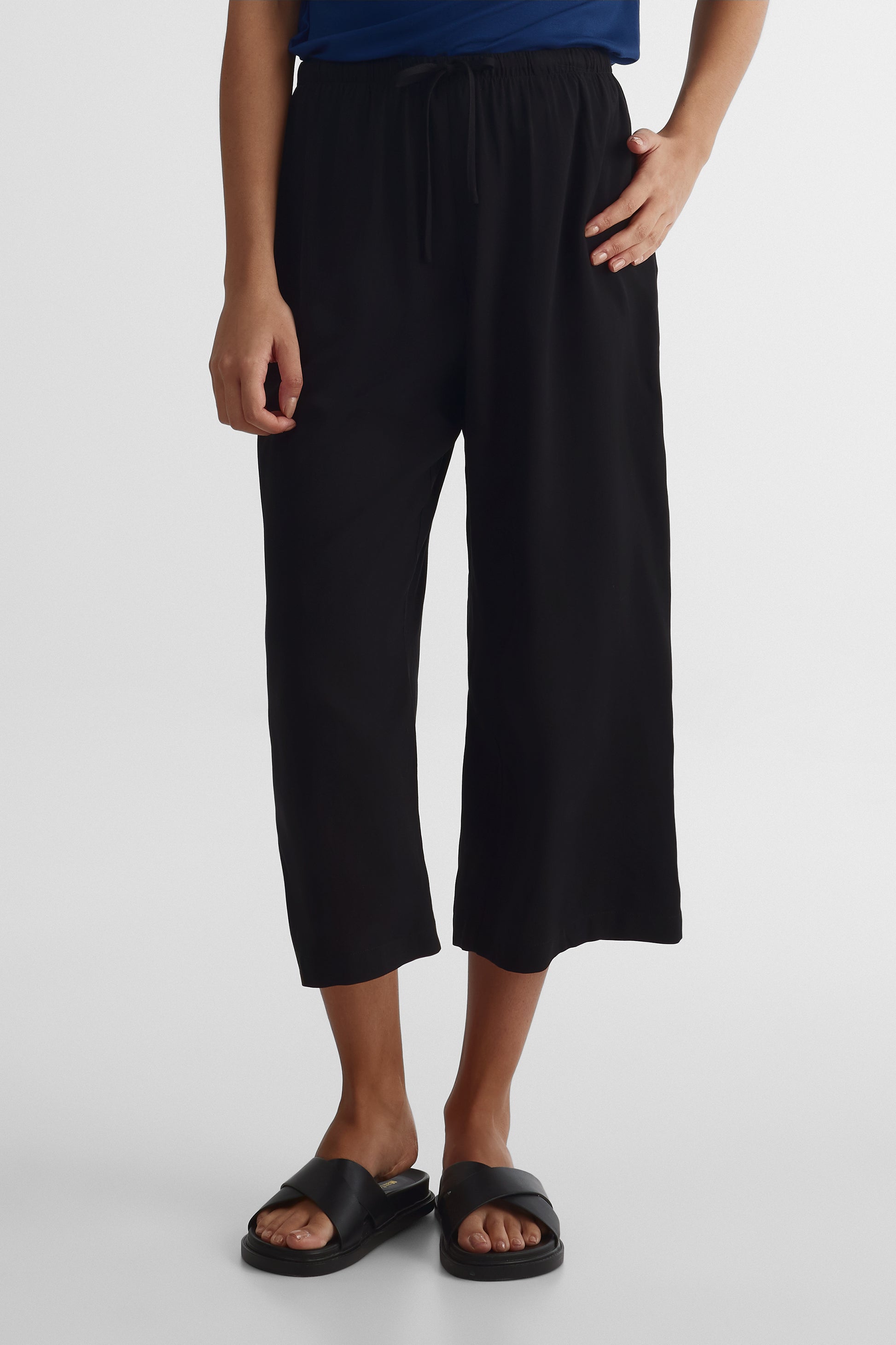 Pantalon capri élastique avec cordon - Femme && NOIR
