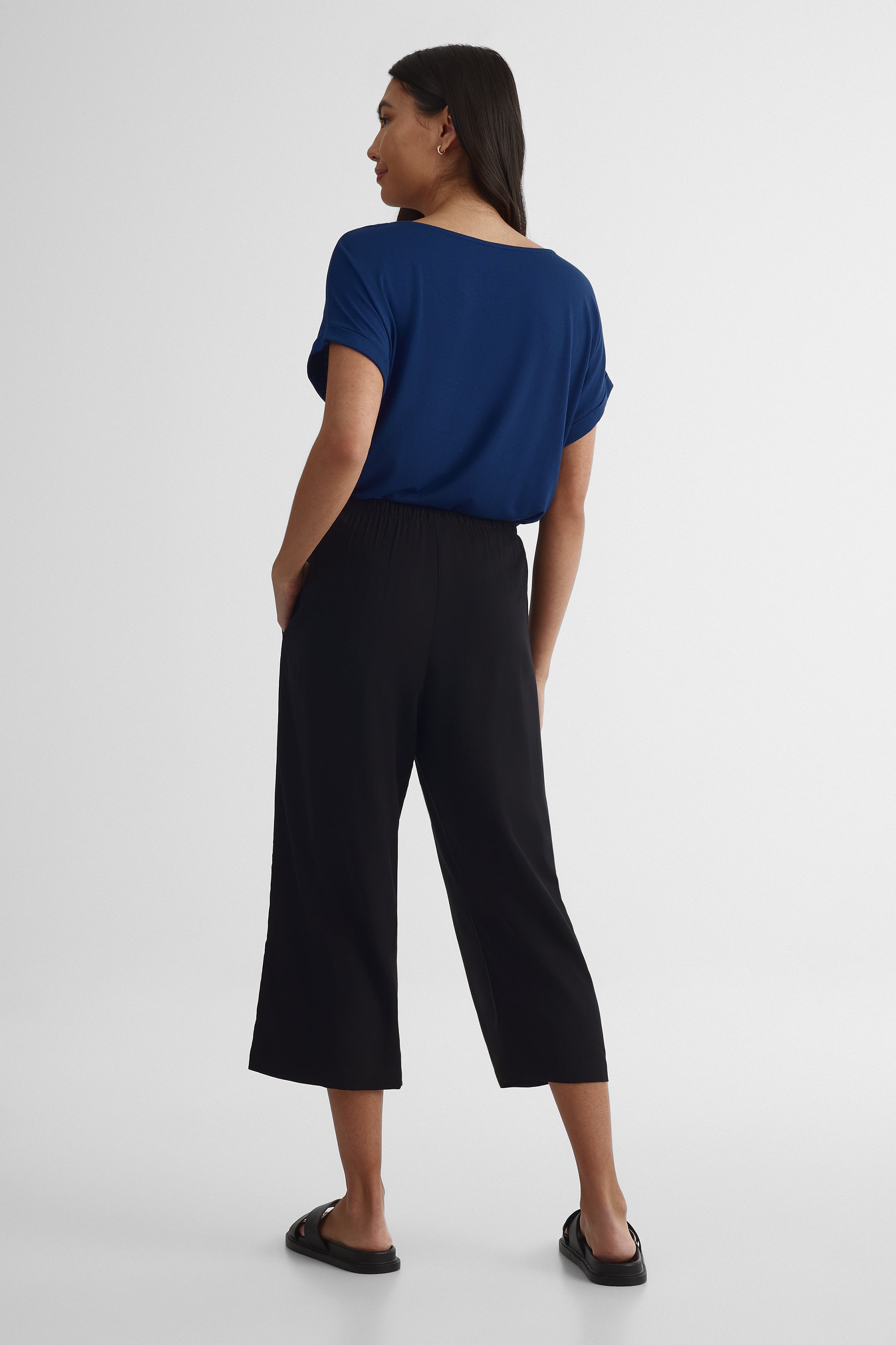 Pantalon capri élastique avec cordon - Femme && NOIR