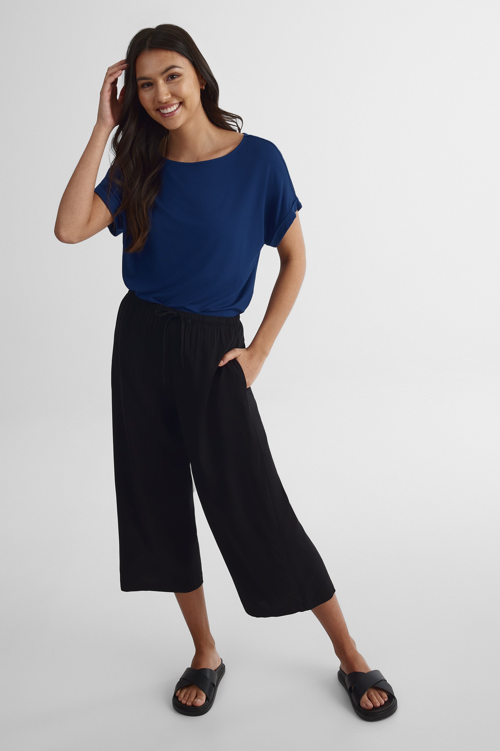 Pantalon capri élastique avec cordon - Femme && NOIR