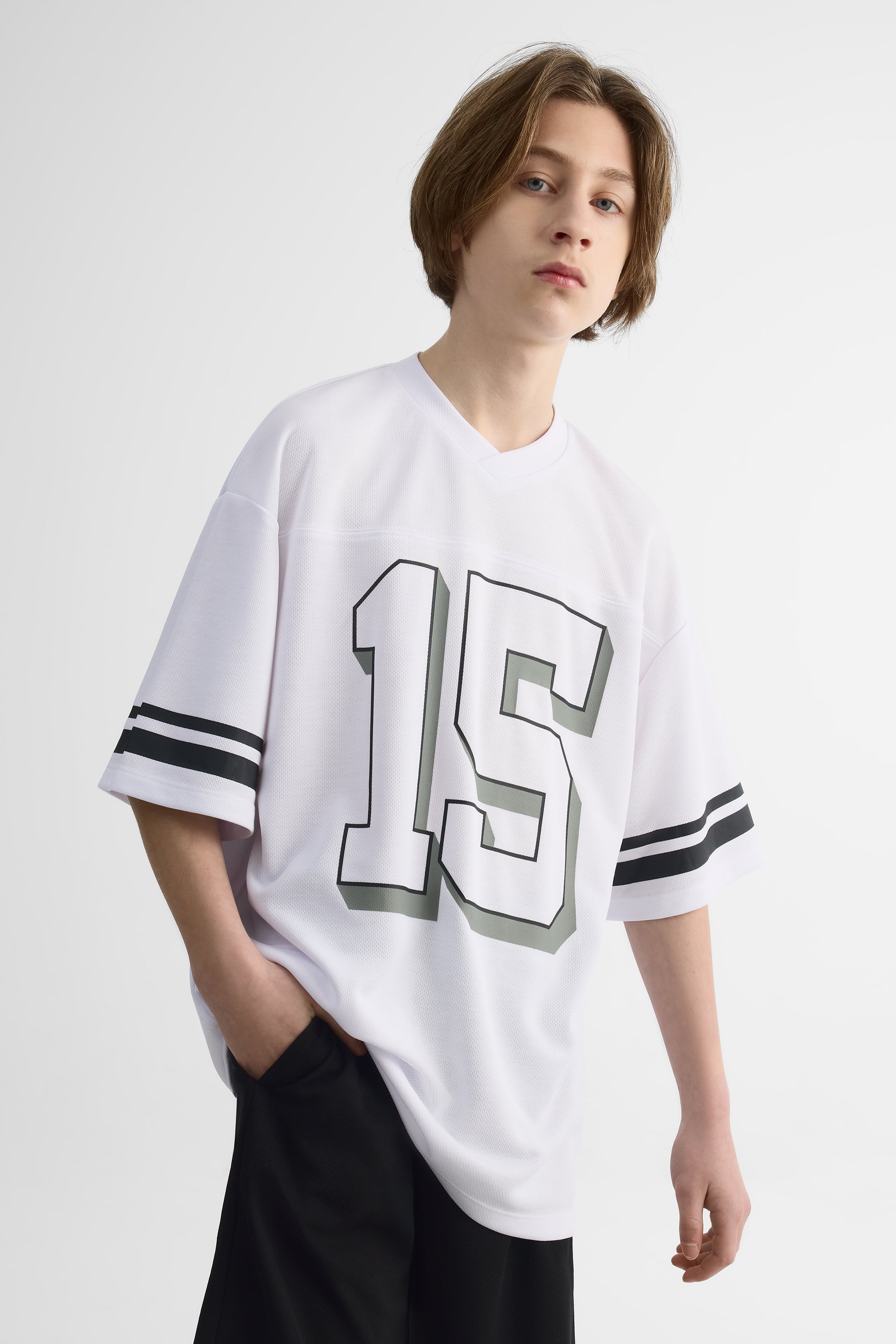 T-shirt col V oversize - Ado garçon && BLANC