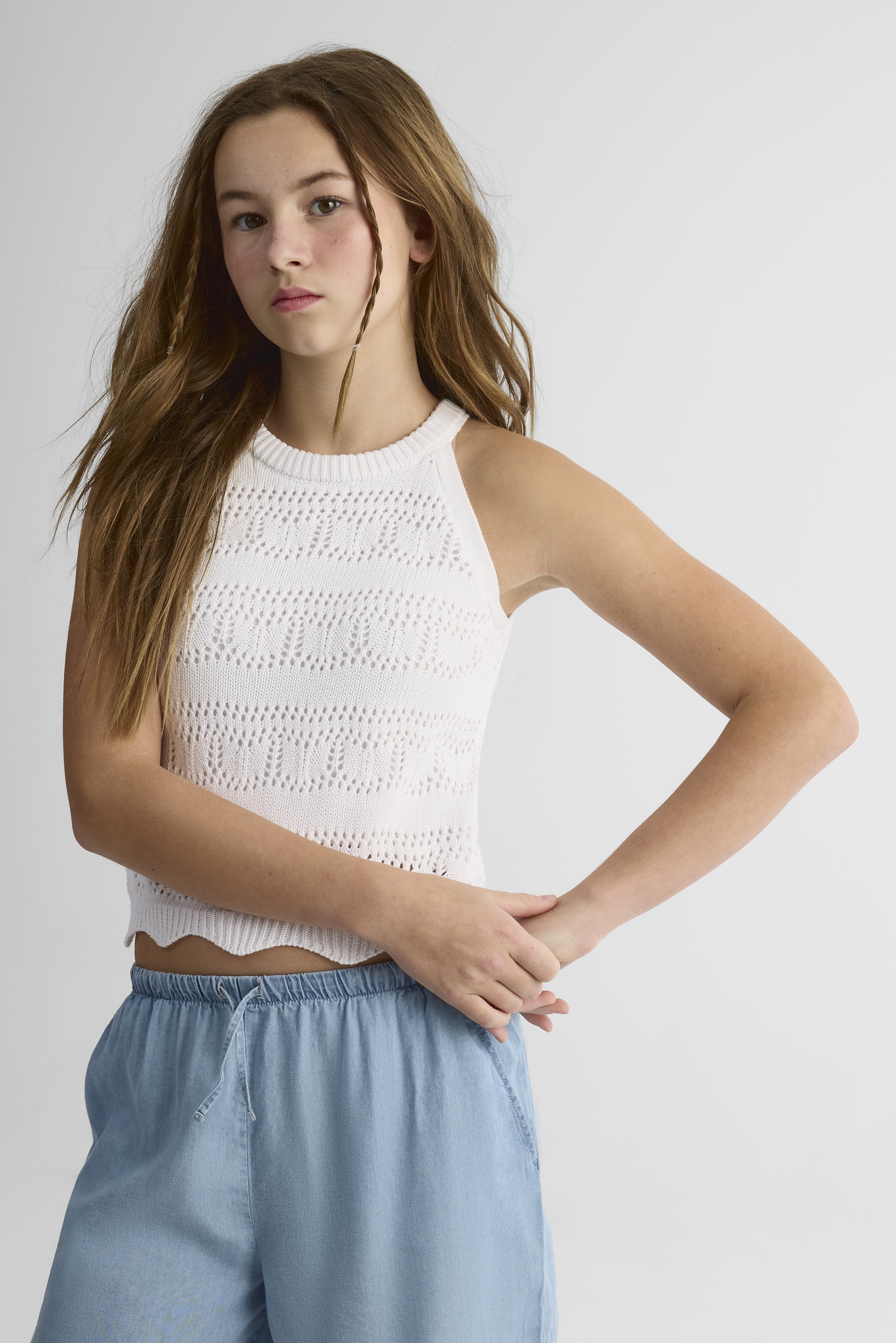 Camisole en tricot à ourlet festonné - Ado fille && BLANC