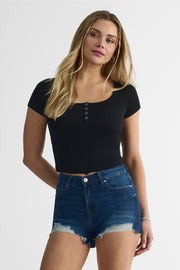 T-shirt col carré à boutons - Femme && NOIR