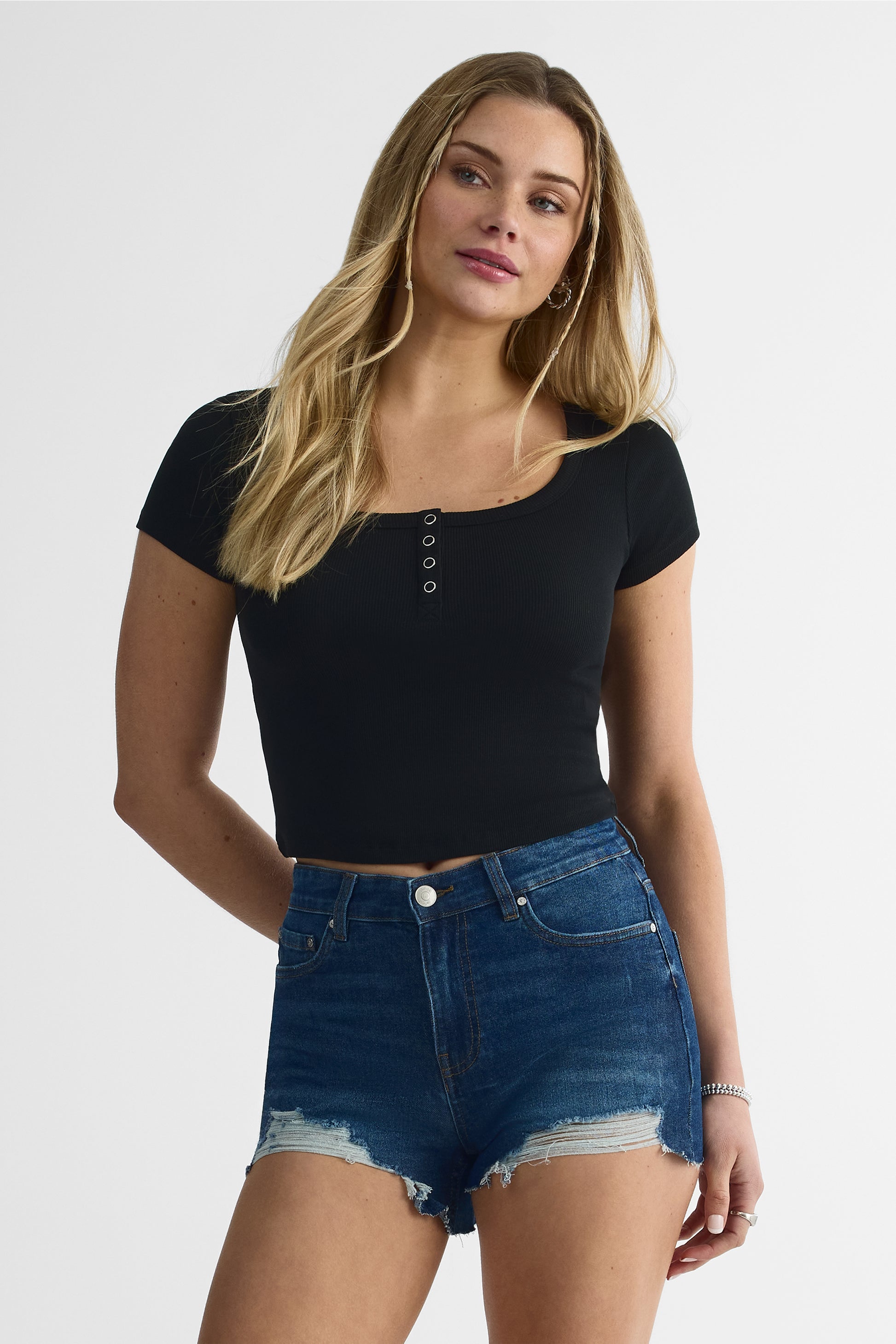 T-shirt col carré à boutons - Femme && NOIR