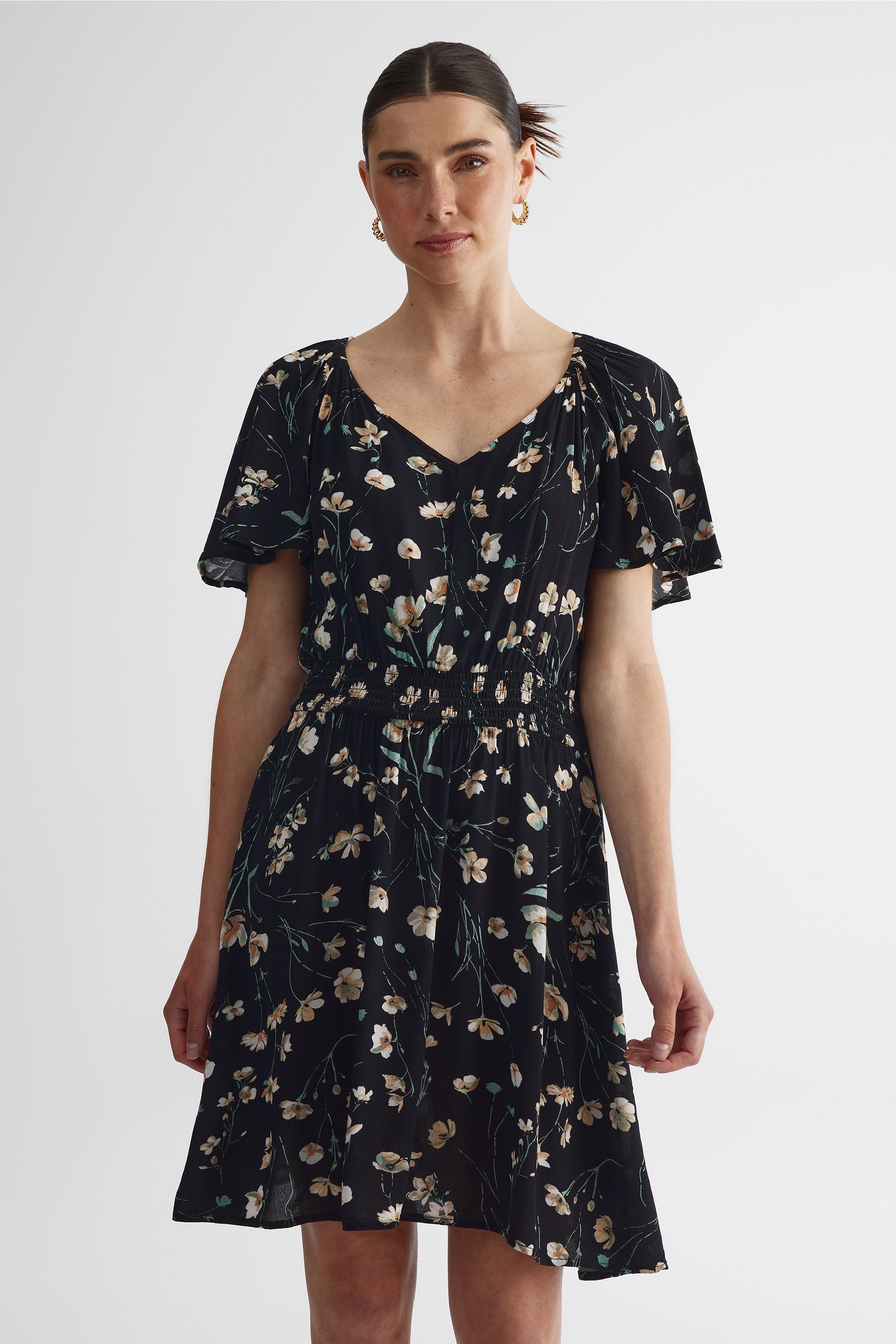 Robe à manches flottantes col V imprimée - Femme && NOIR/MULTI