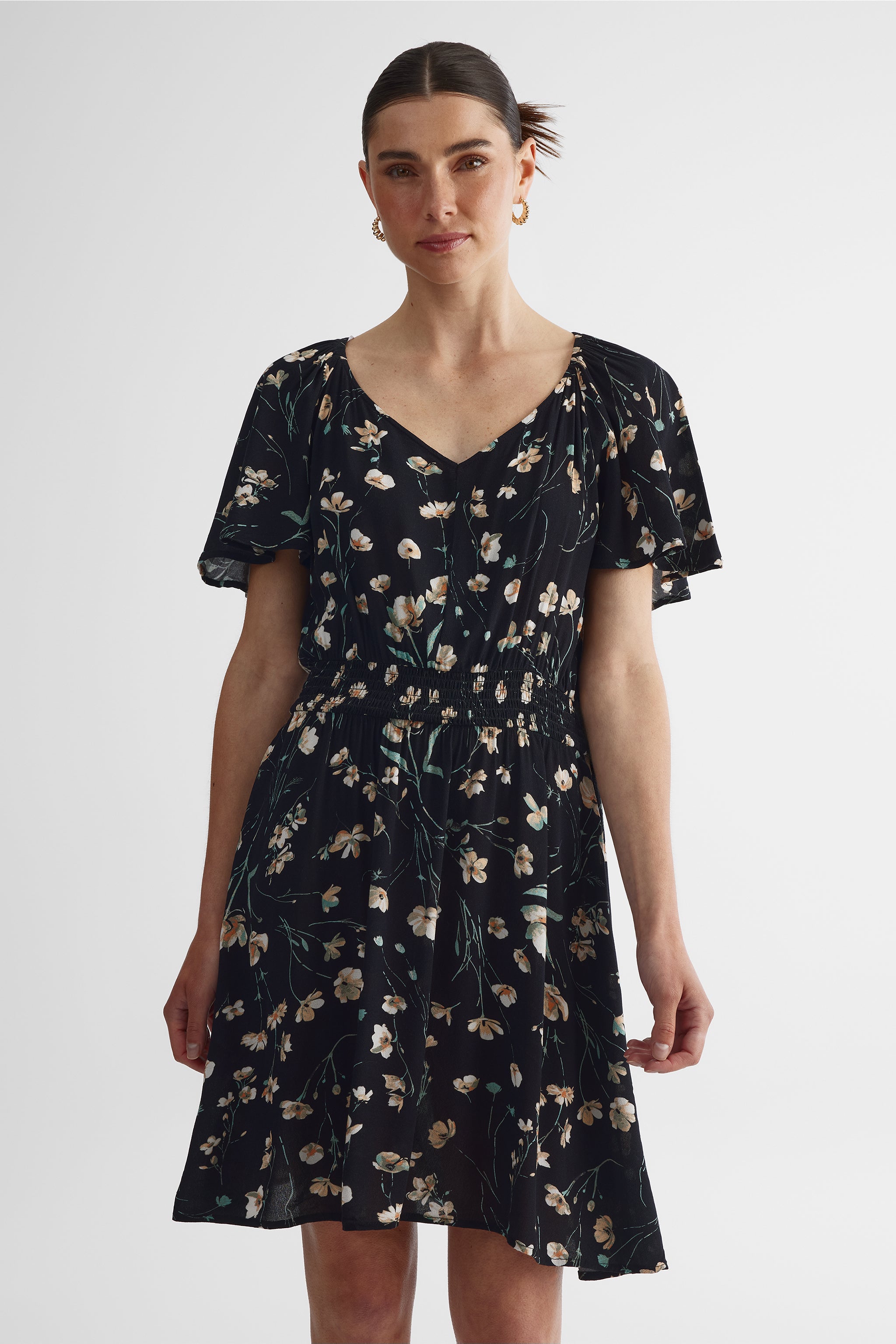 Robe à manches flottantes col V imprimée - Femme && NOIR/MULTI