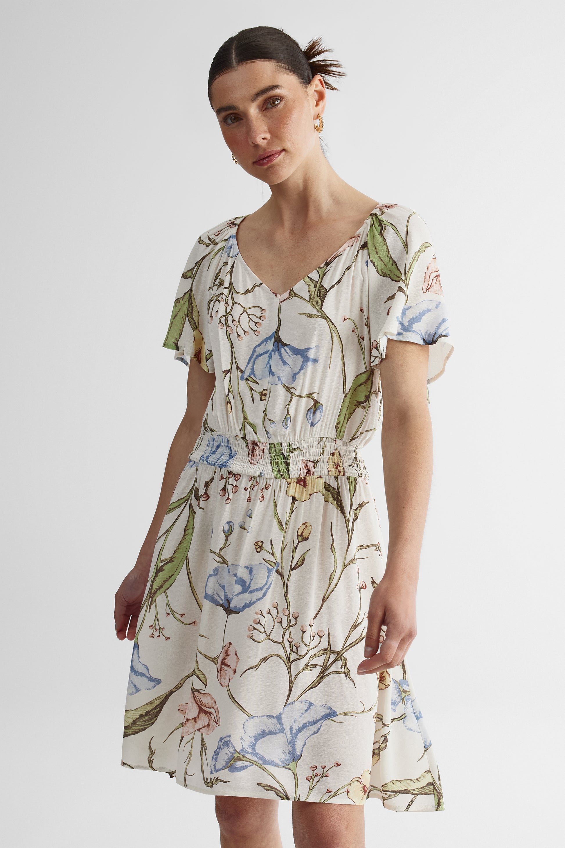 Robe à manches flottantes col V imprimée - Femme && BLANC CASSÉ/MULTI