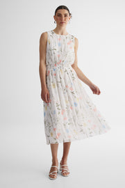 Robe midi sans manches taille smockée - Femme && BLANC CASSÉ/MULTI