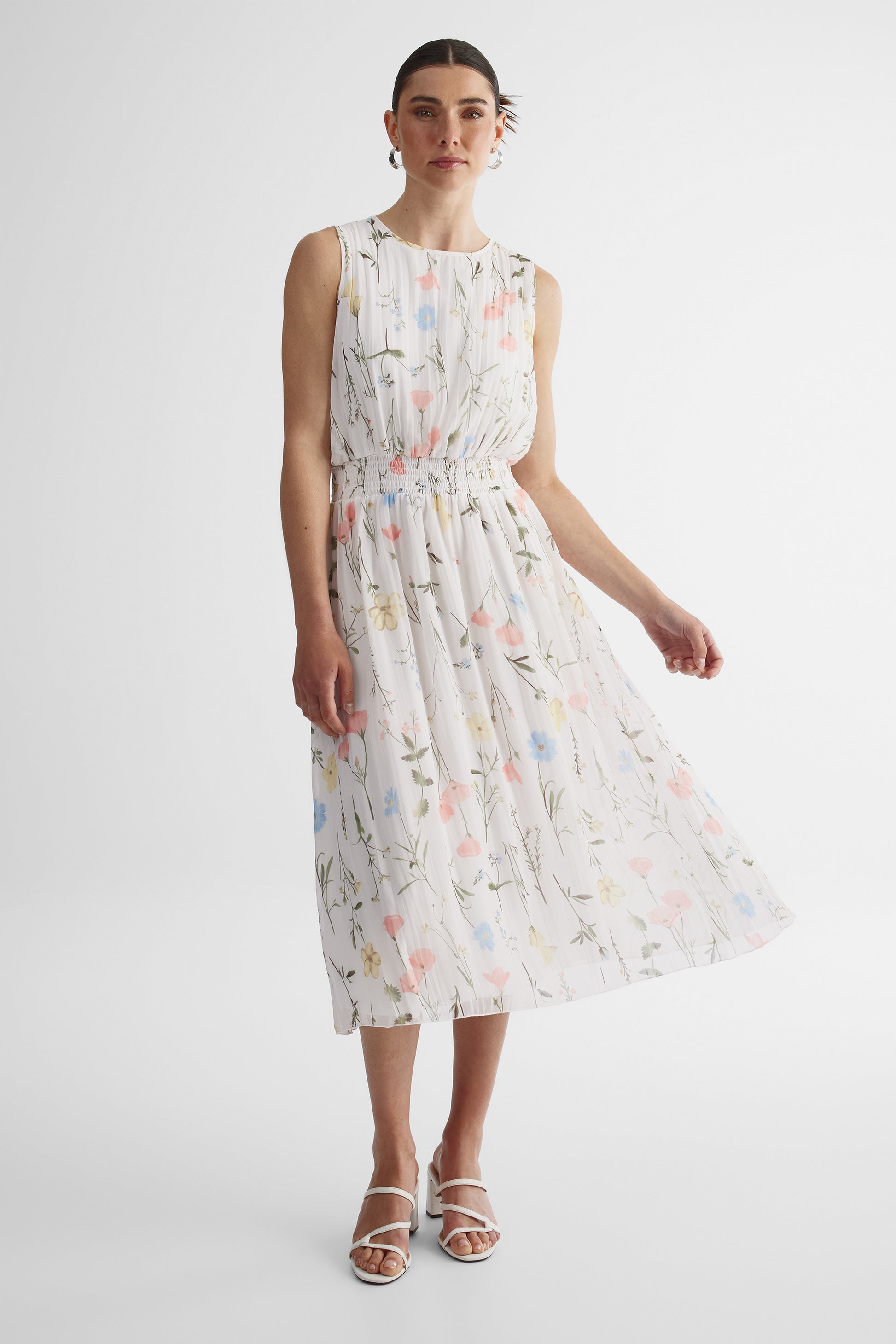Robe midi sans manches taille smockée - Femme && BLANC CASSÉ/MULTI