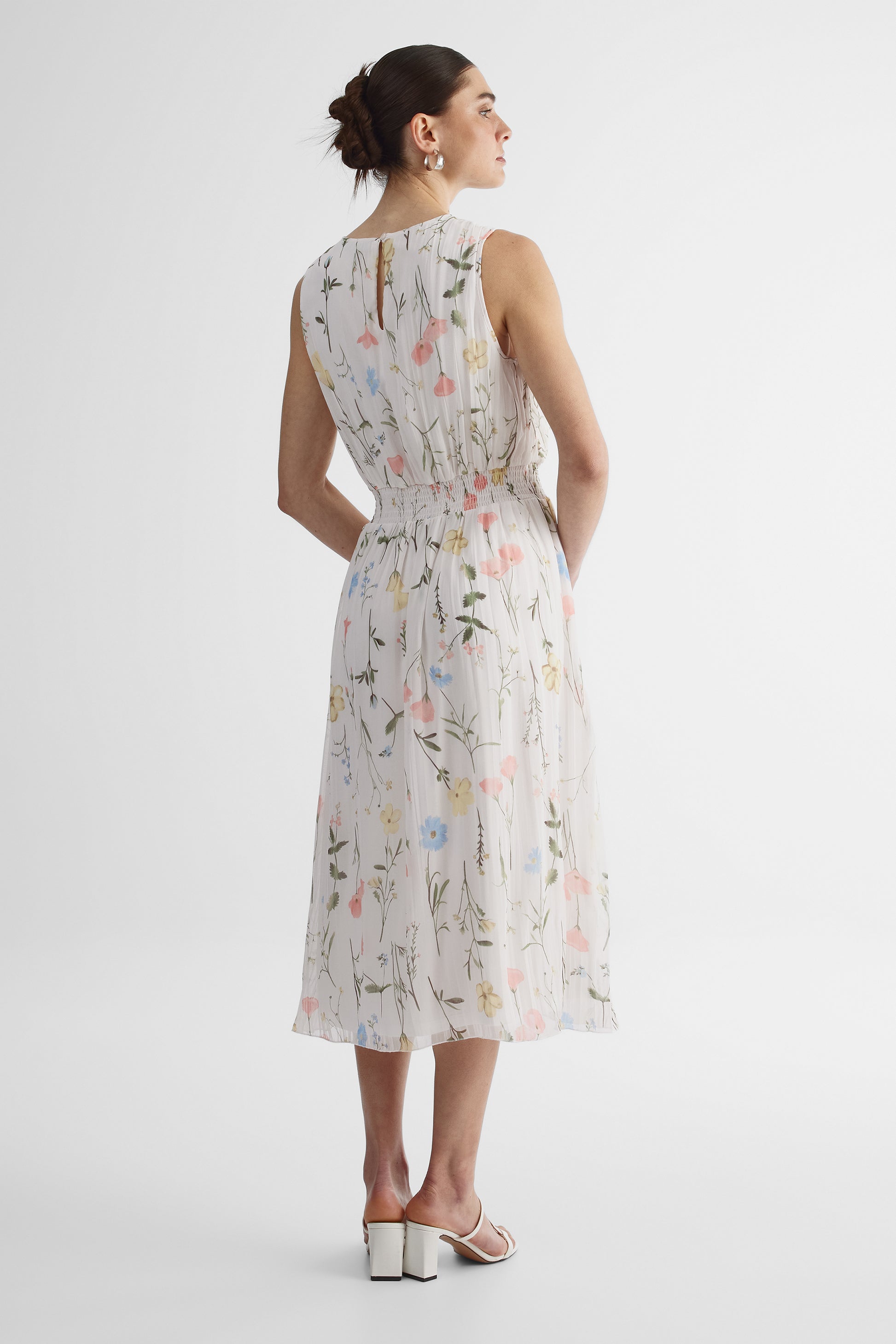 Robe midi sans manches taille smockée - Femme && BLANC CASSÉ/MULTI