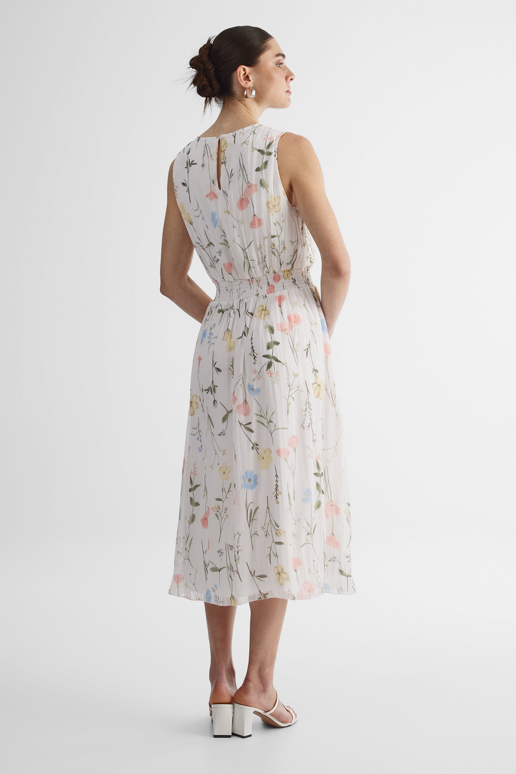 Robe midi sans manches taille smockée - Femme && BLANC CASSÉ/MULTI