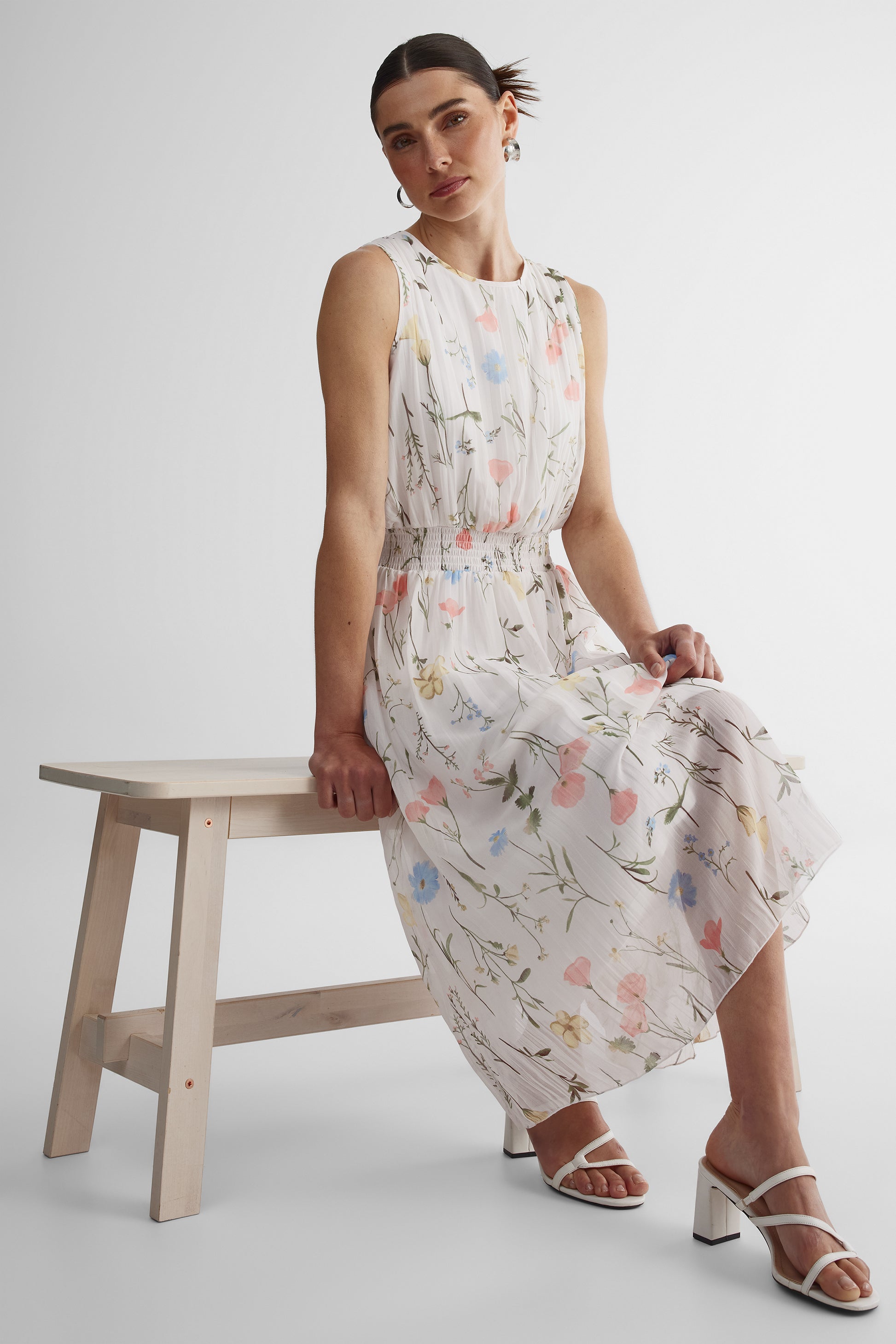 Robe midi sans manches taille smockée - Femme && BLANC CASSÉ/MULTI