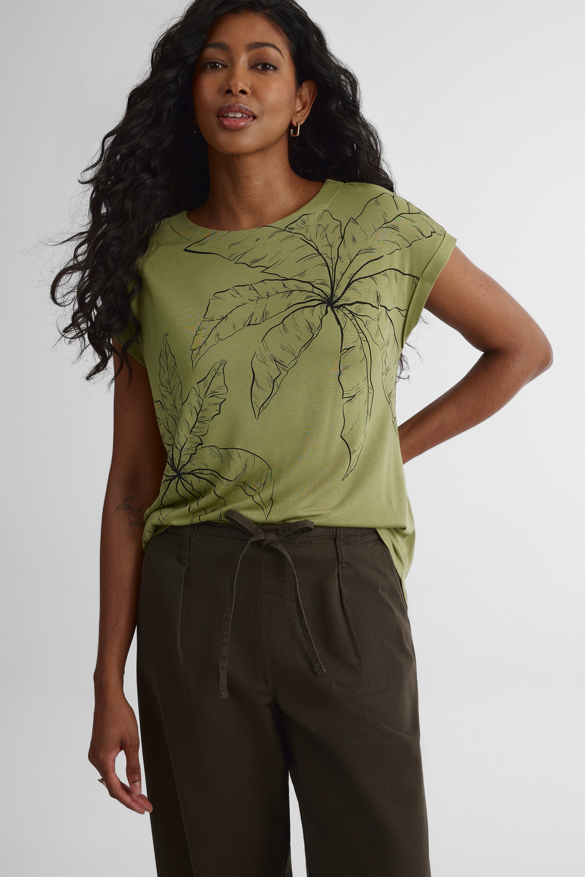 T-shirt col rond imprimé - Femme && VERT