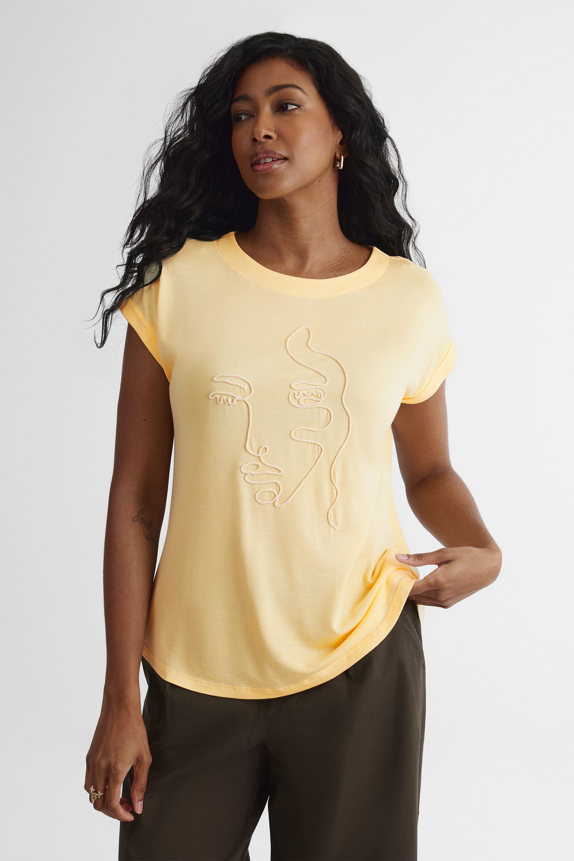T-shirt col rond imprimé - Femme && JAUNE