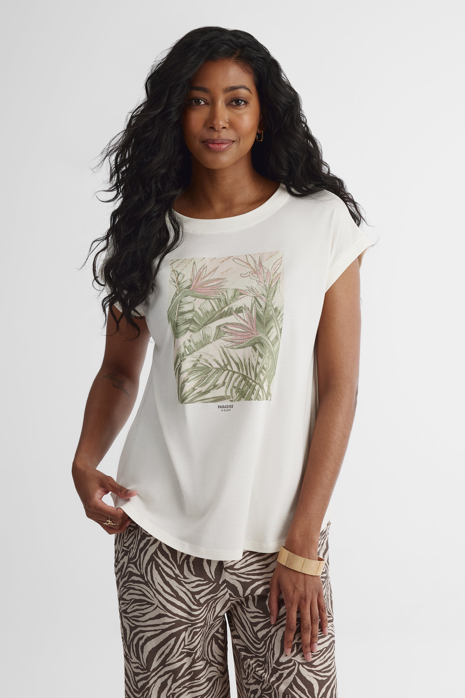 T-shirt col rond imprimé - Femme && BLANC CASSÉ