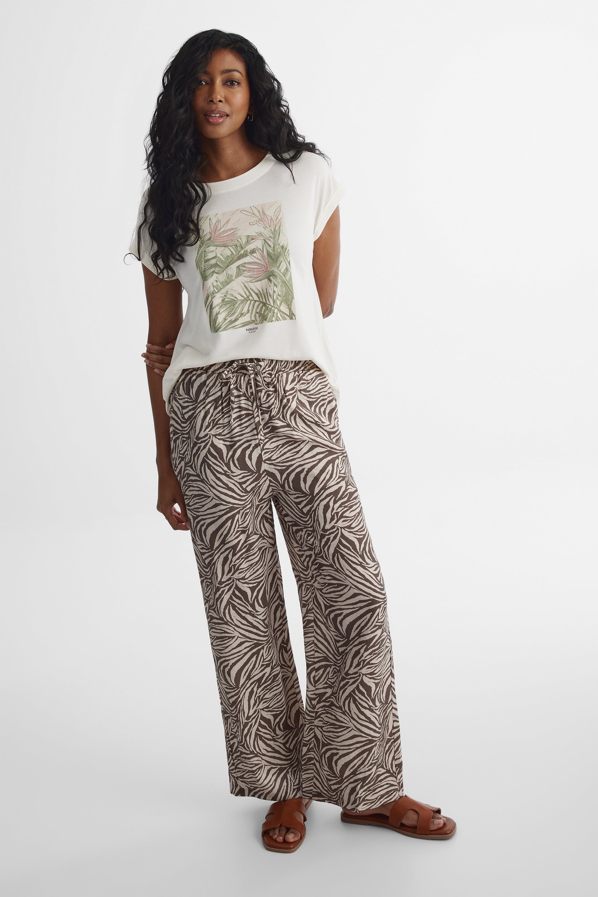 T-shirt col rond imprimé - Femme && BLANC CASSÉ