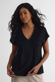 T-shirt col V à manches courtes - Femme && NOIR