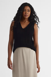 Camisole V neck en lin - Femme && NOIR