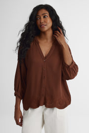 Blouse manches aux coudes col ouvert - Femme && BRUN