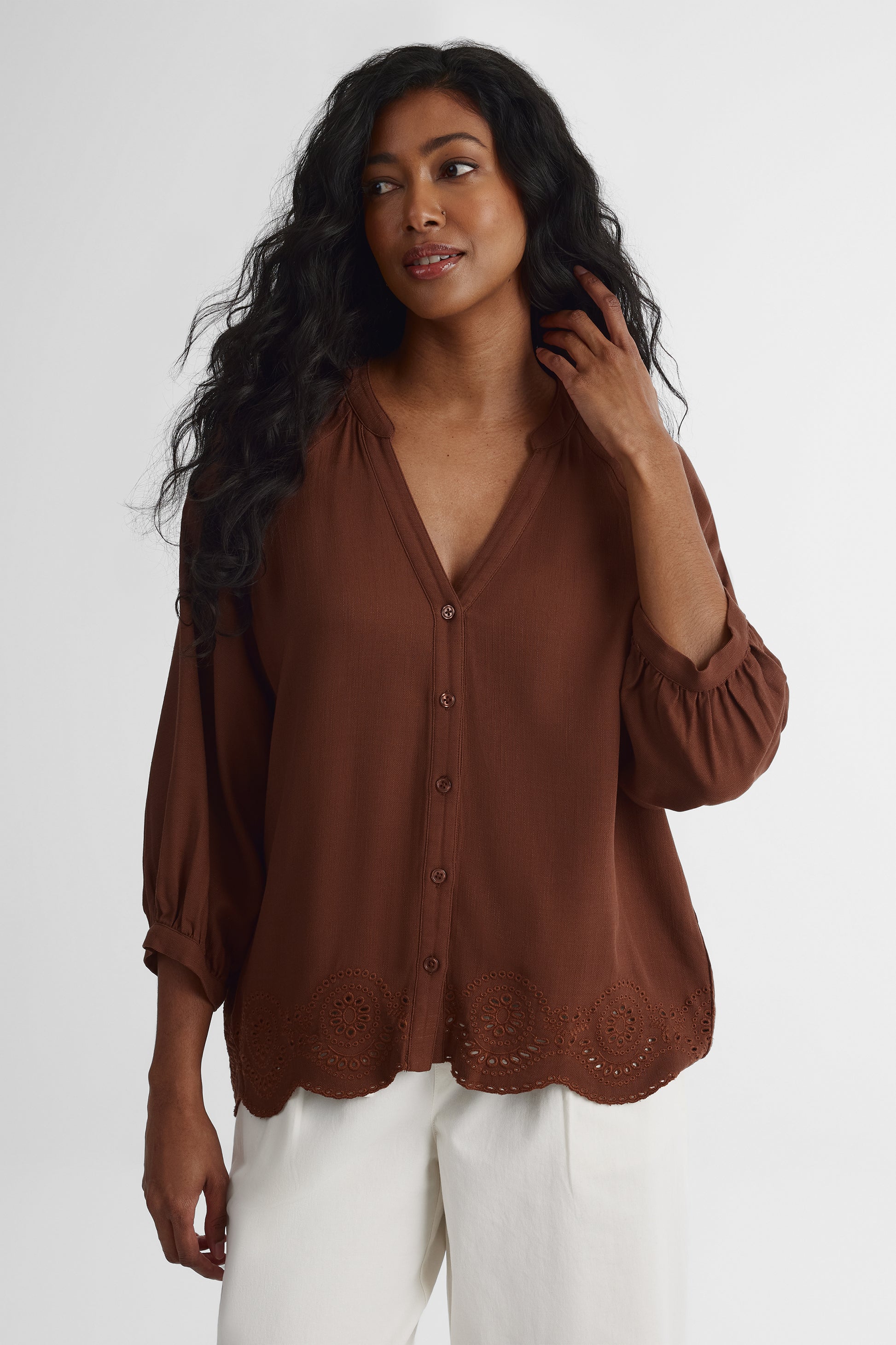 Blouse manches aux coudes col ouvert - Femme && BRUN