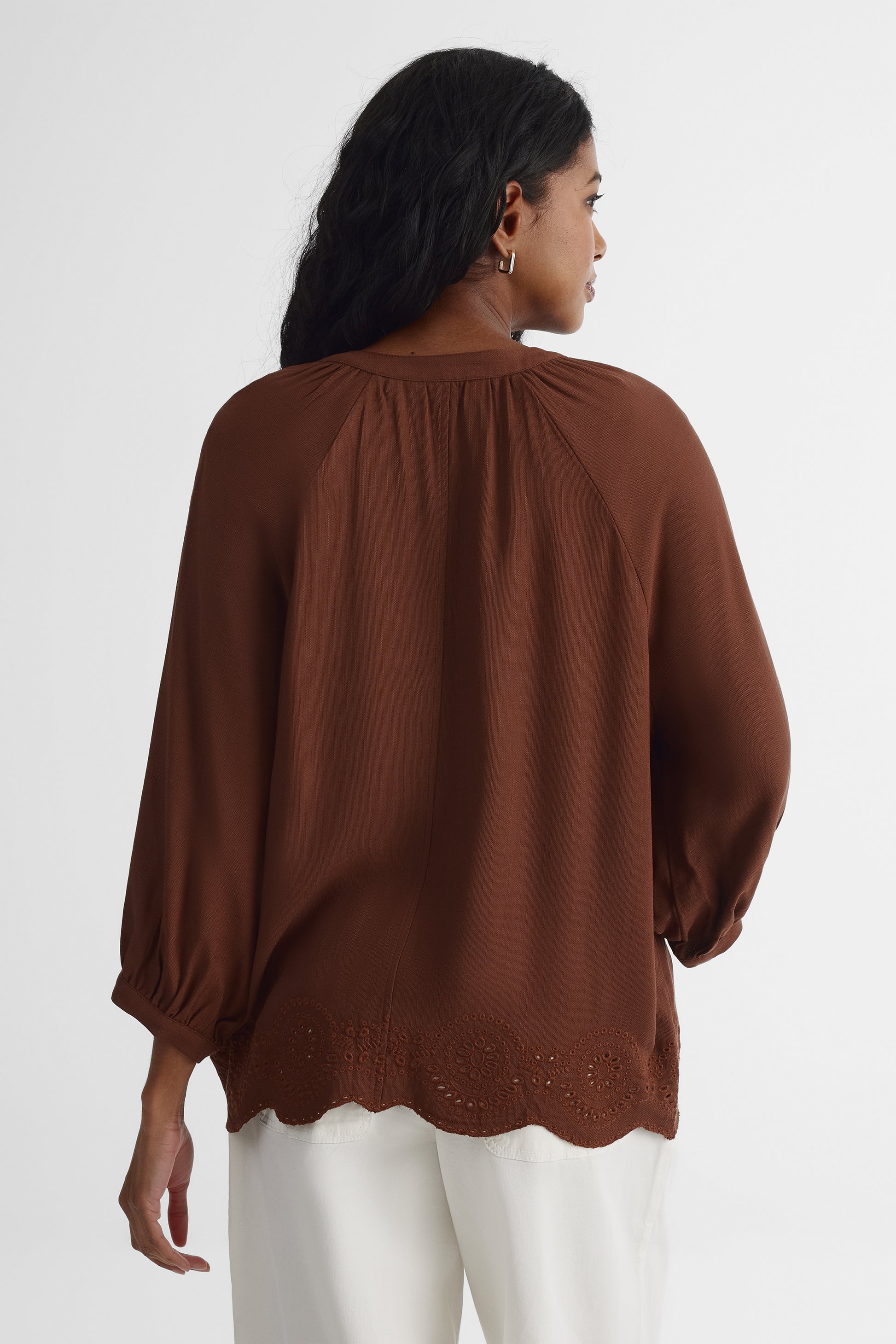 Blouse manches aux coudes col ouvert - Femme && BRUN